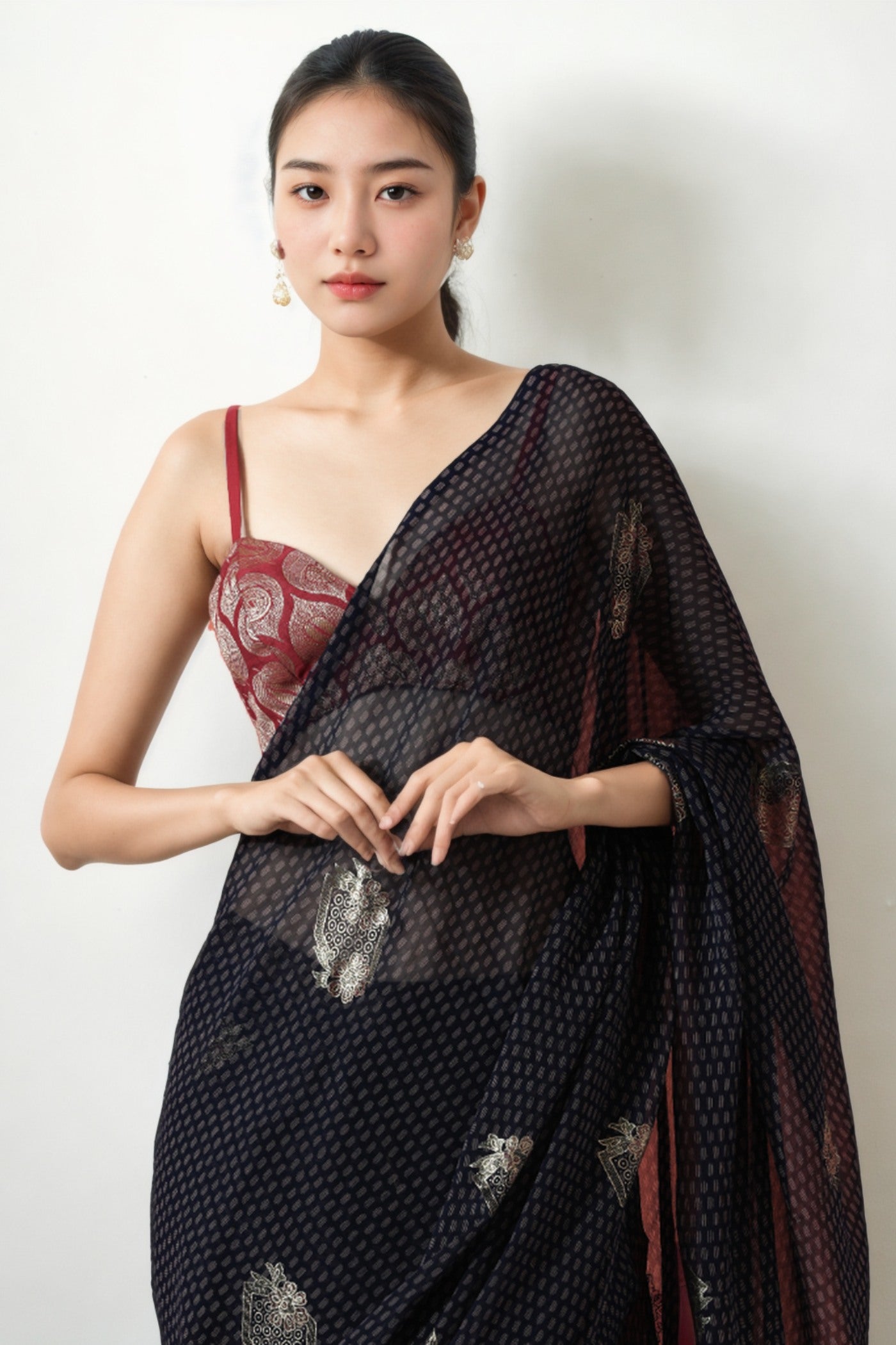 Buy MySilkLove Tuna Black Marbel Chiffon Ready To Wear Saree Online