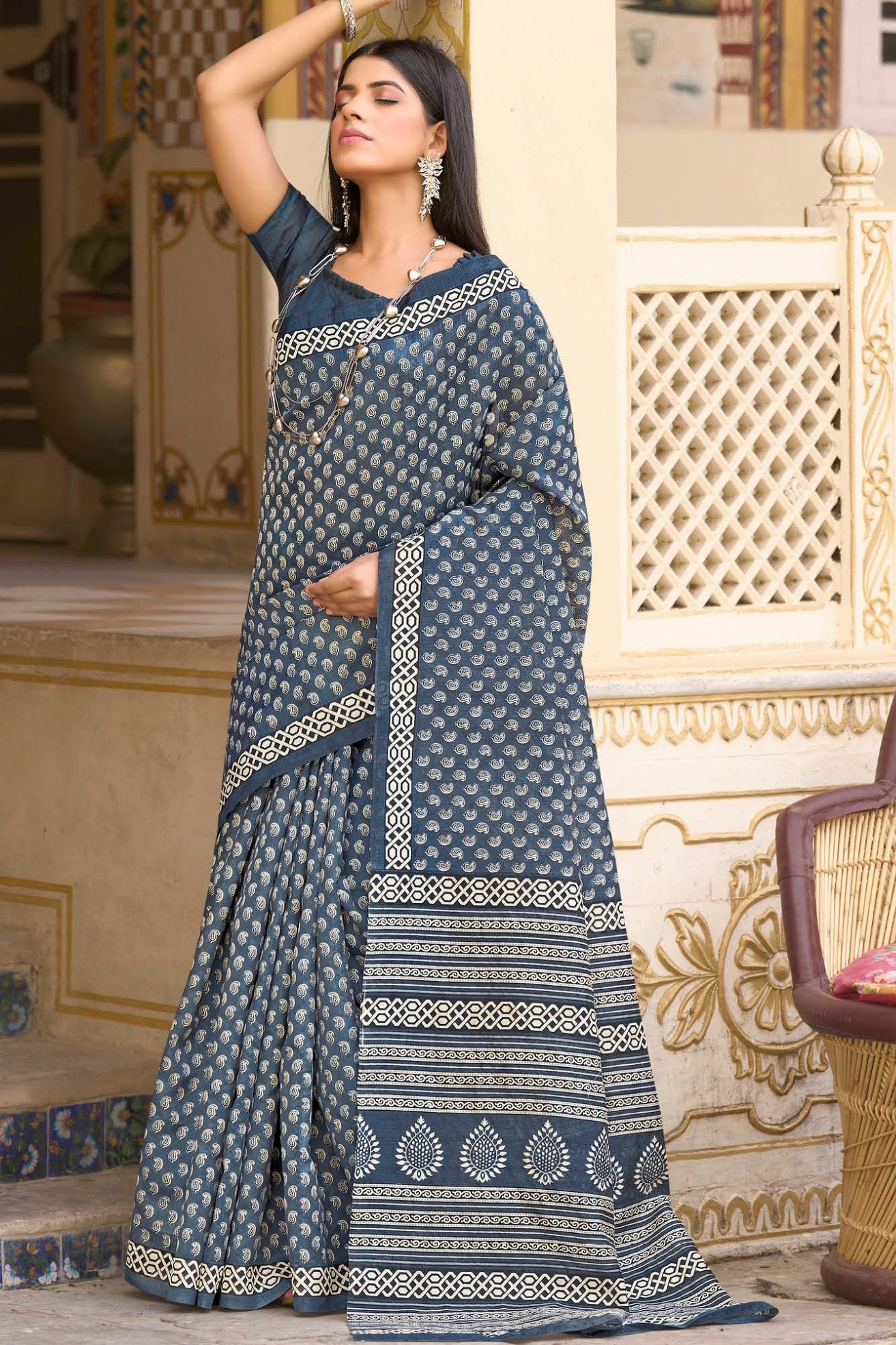Buy MySilkLove Deep Space Blue Handblock Printed Saree Online