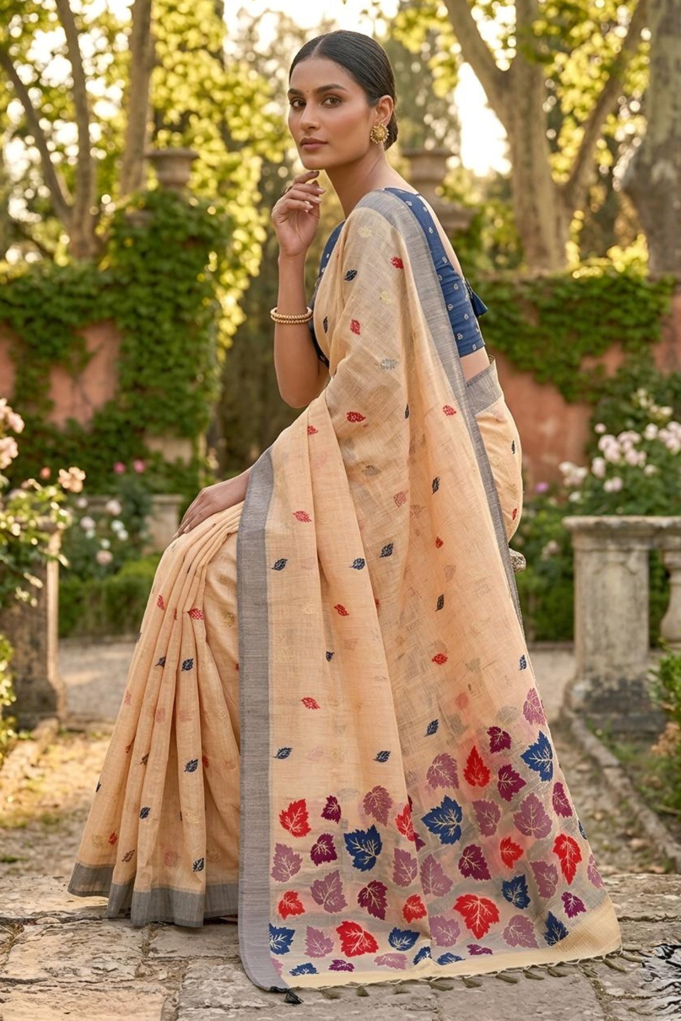Buy MySilkLove Mandarin Orange Woven Linen Saree Online