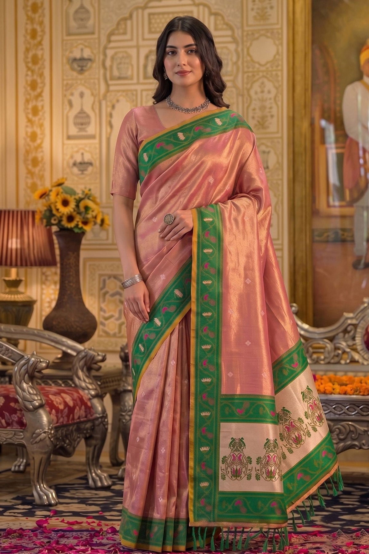 Buy MySilkLove Ocean Mist Pink Woven Tissue Silk Saree Online