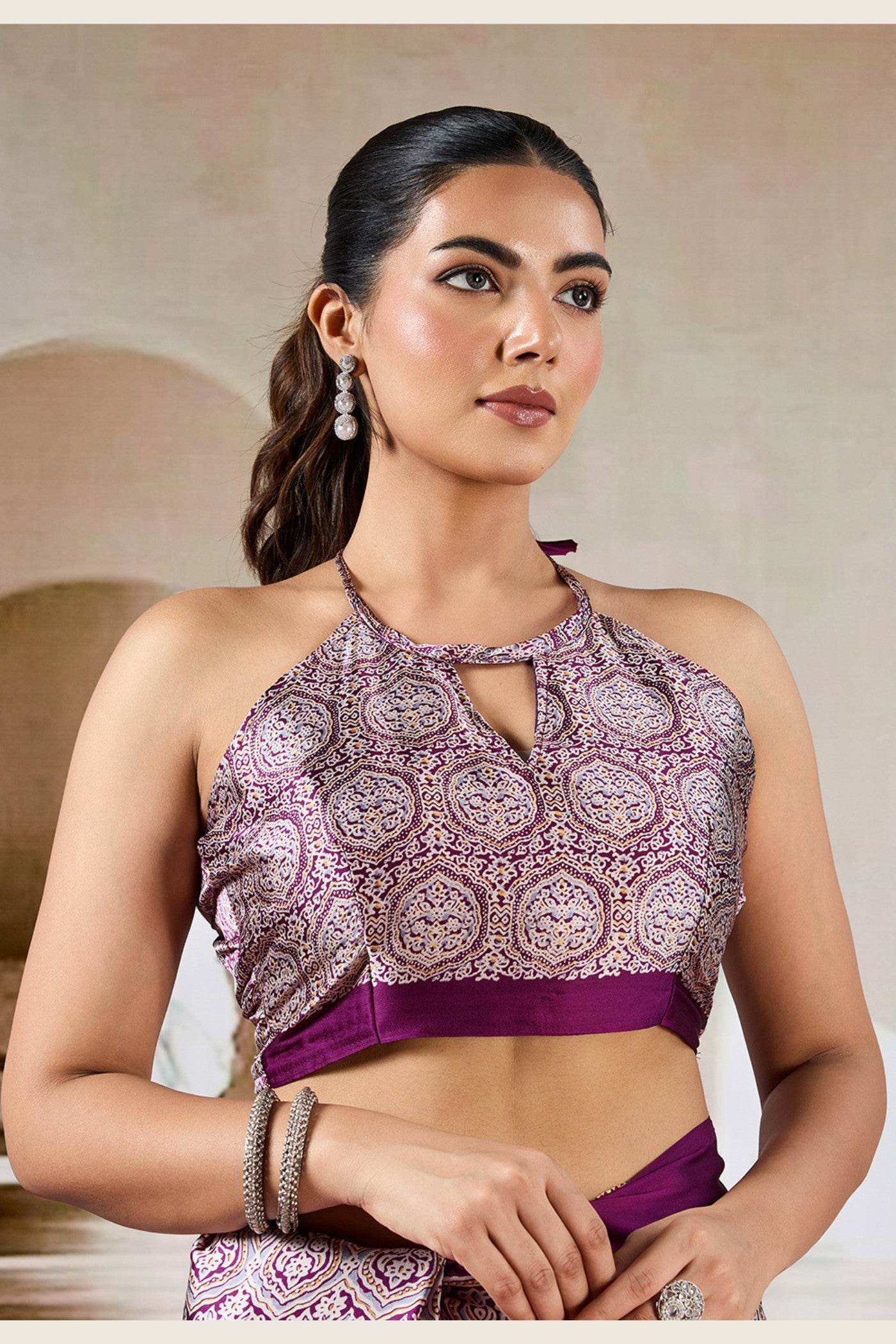 Buy MySilkLove Purple pizzazz Ajrakh Printed Satin Crepe Silk Saree Online