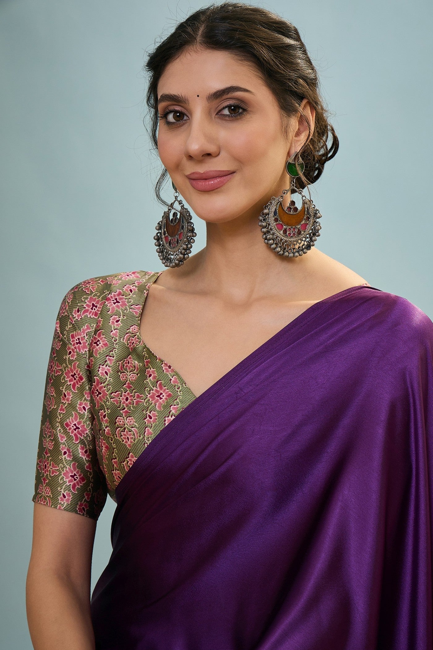 MySilkLove Starlit Purple Ajrakh Printed Satin Crepe Silk Saree