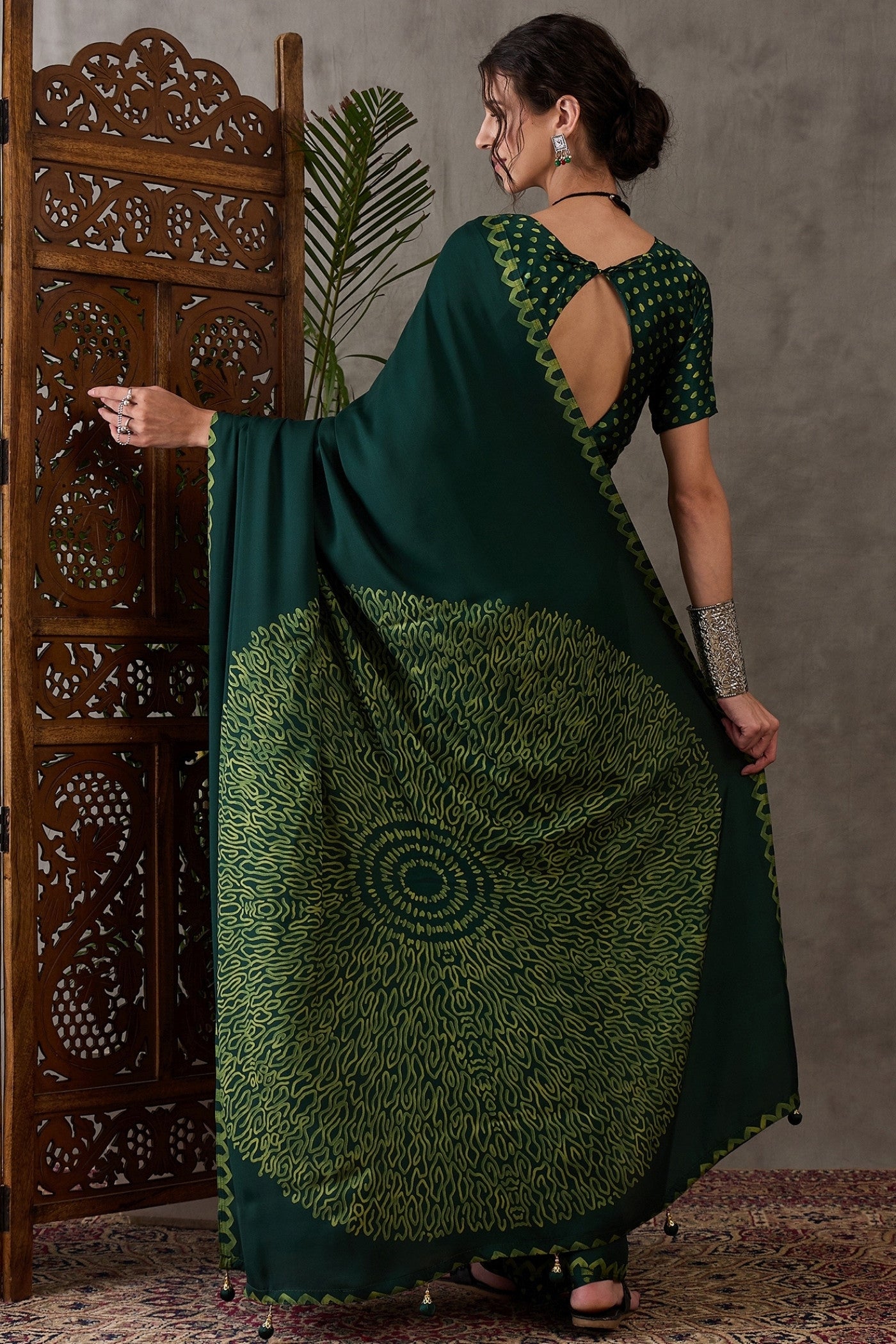 Buy MySilkLove Dark Leaf Green Printed Satin Gaji Silk Saree Online