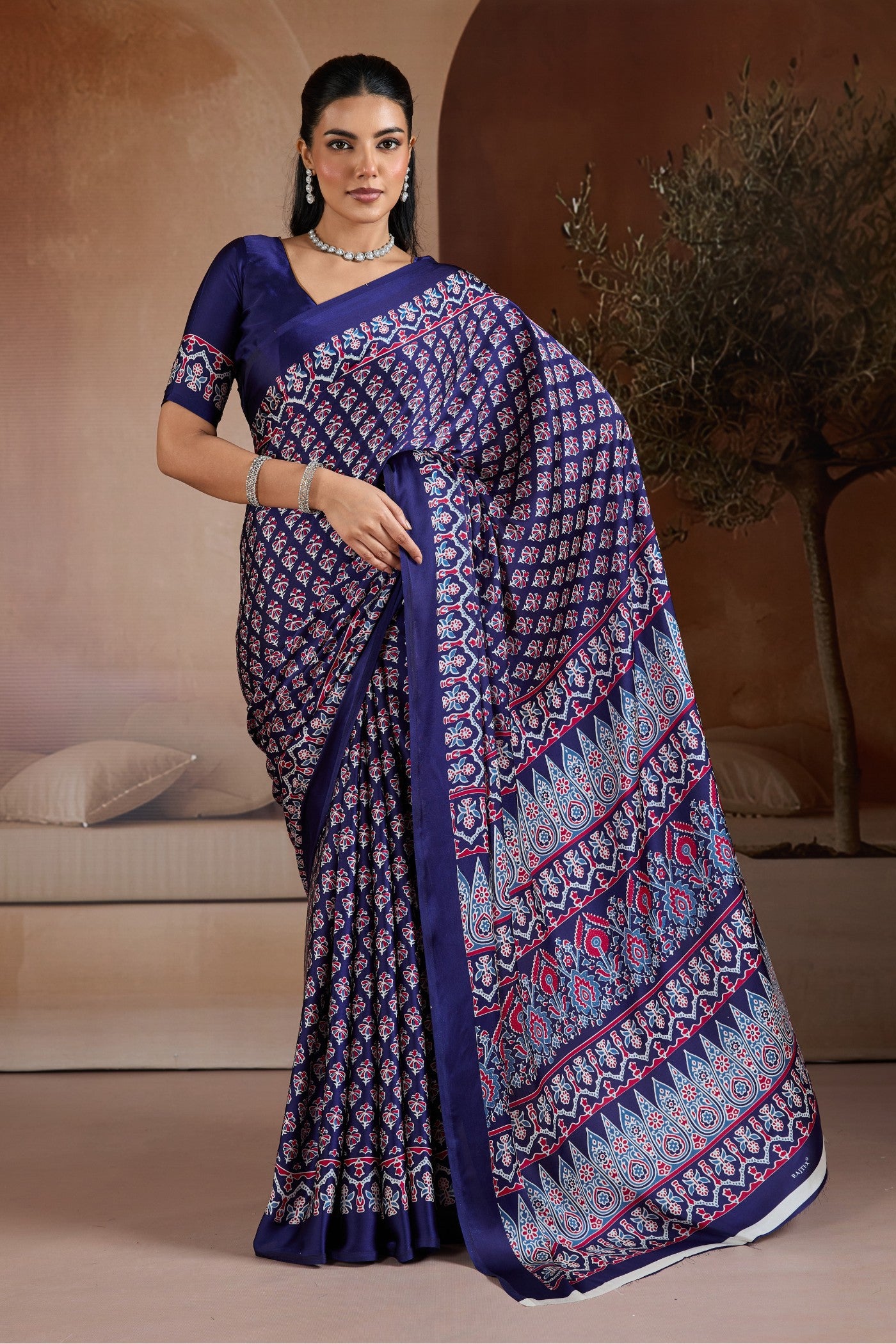 Buy MySilkLove Navy Blue Ajrakh Printed Satin Crepe Silk Saree Online
