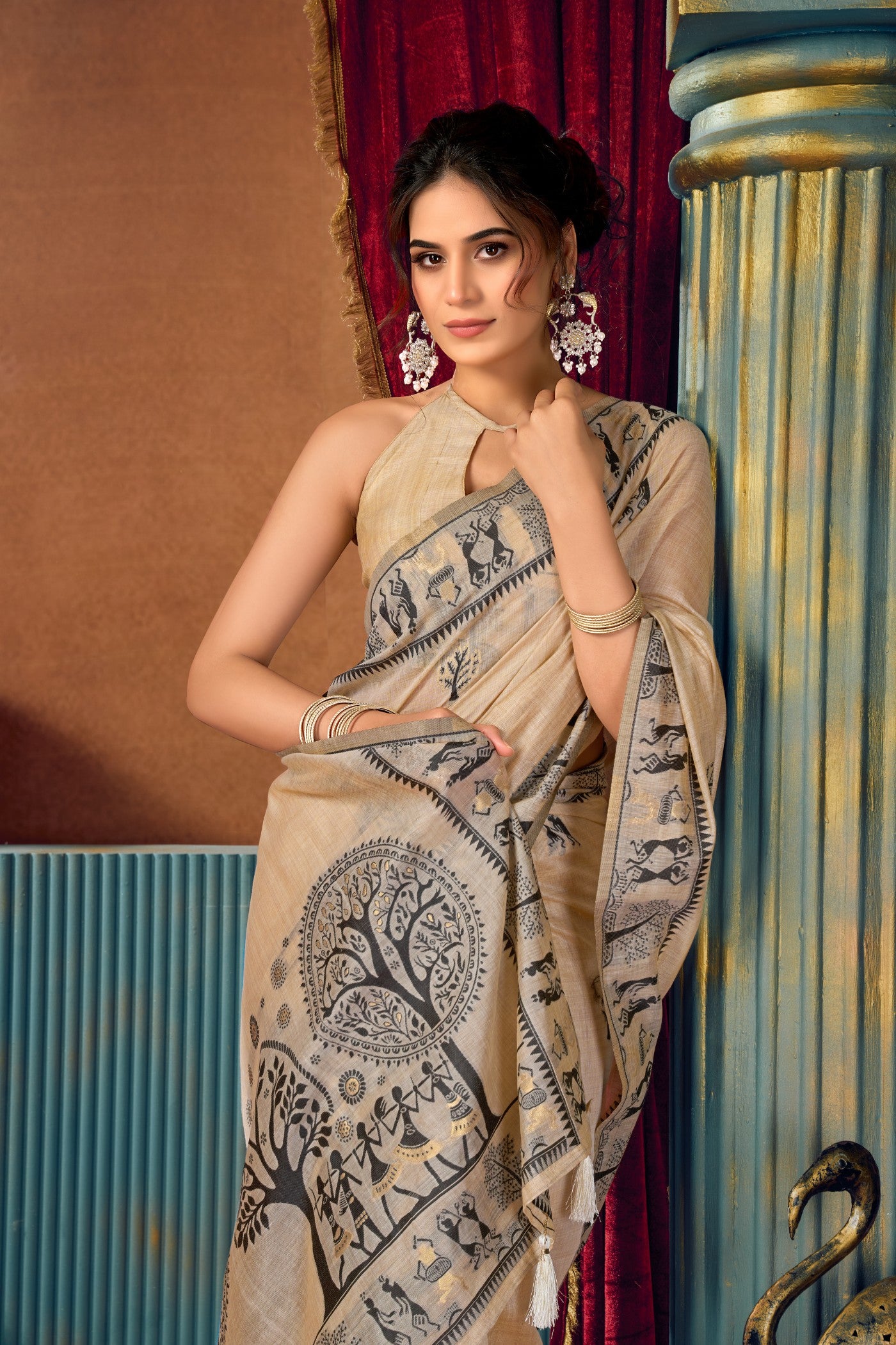 Buy MySilkLove Seashell Cream Woven Modal Cotton Saree Online