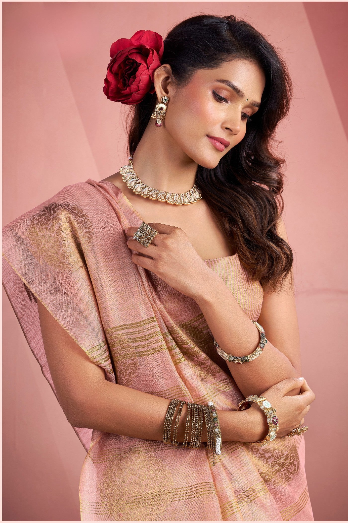 Buy MySilkLove Smoothie Pink Zari Woven Tissue Saree Online