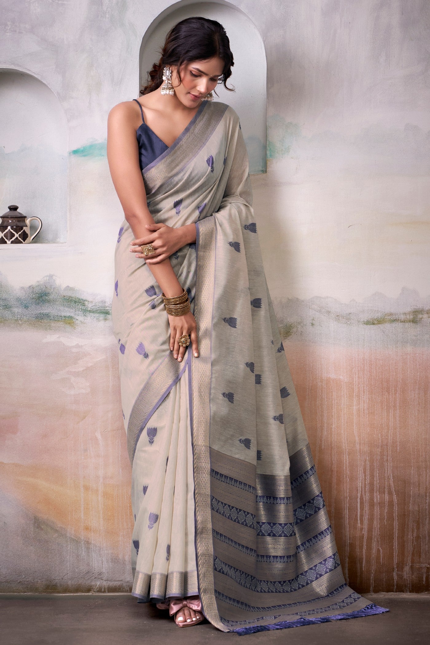 Buy MySilkLove Off White Woven Modal Cotton Saree Online