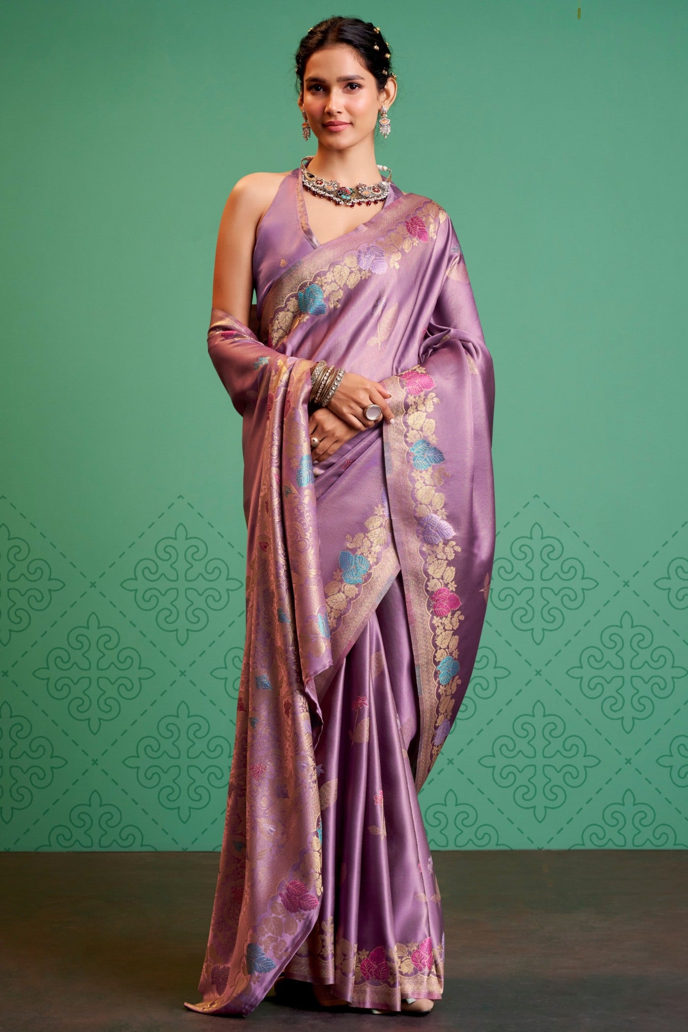 Buy MySilkLove Blossom Purple Handloom Satin Silk Saree Online