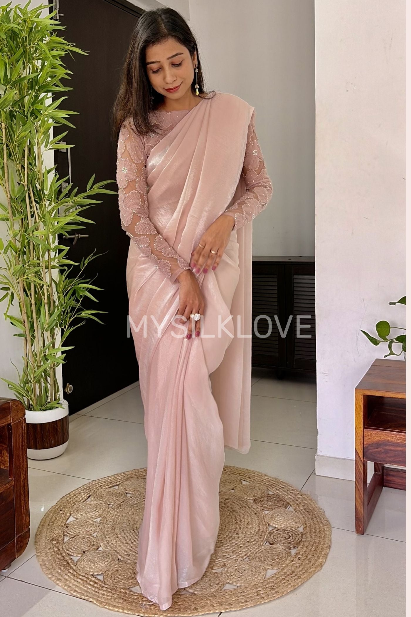 MySilkLove Shine Pink Designer Partywear Saree with Floral Blouse Without Blouse