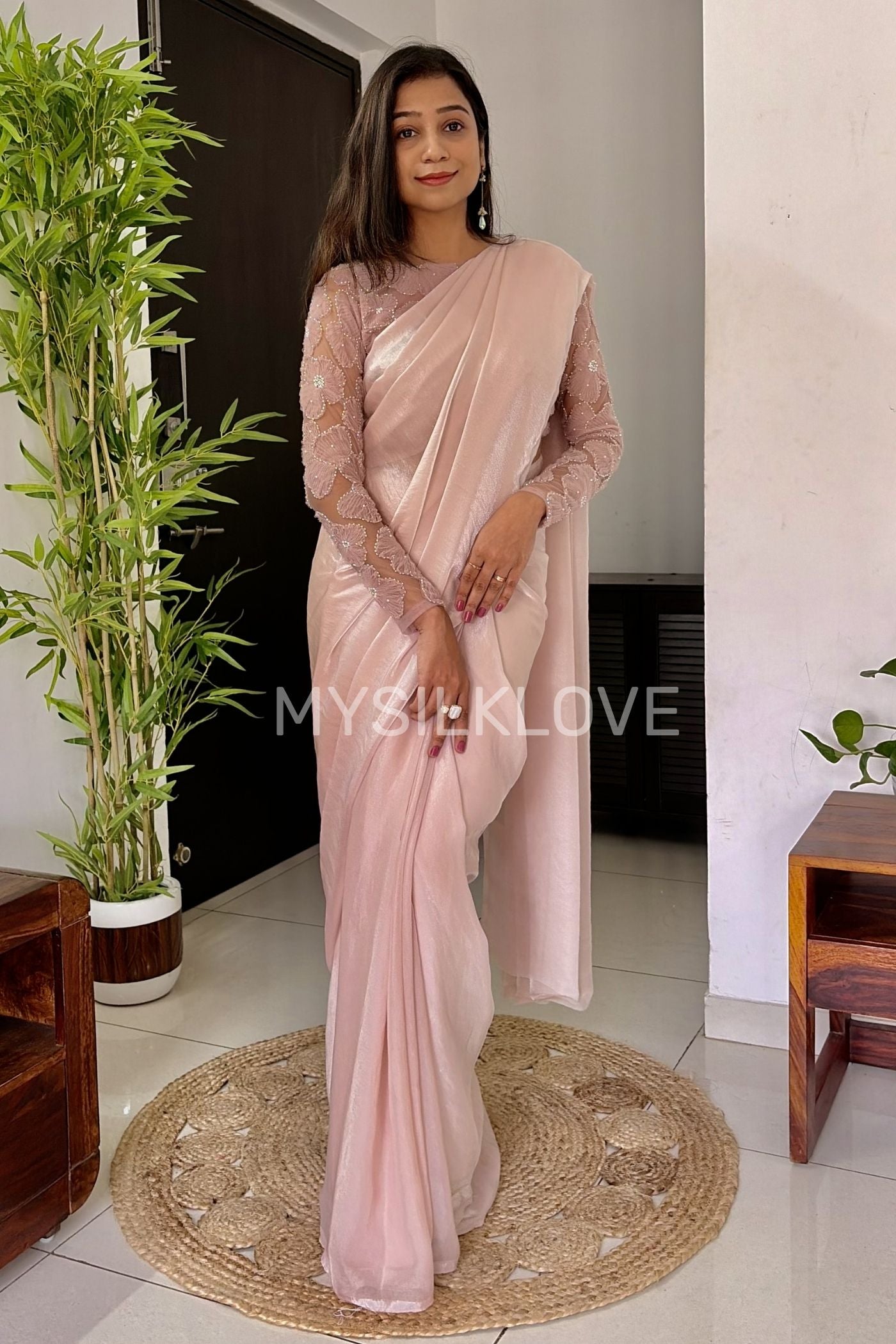 Buy MySilkLove Shine Pink Designer Partywear Saree with Floral Blouse Without Blouse Online