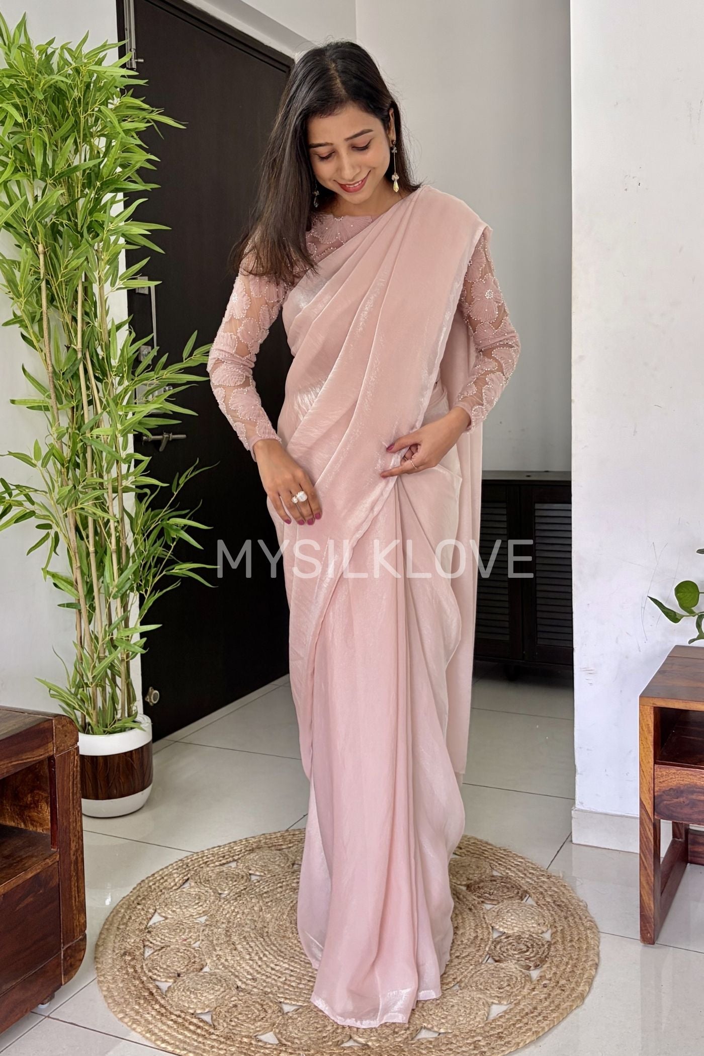 Buy MySilkLove Shine Pink Designer Partywear Saree with Floral Blouse Without Blouse Online
