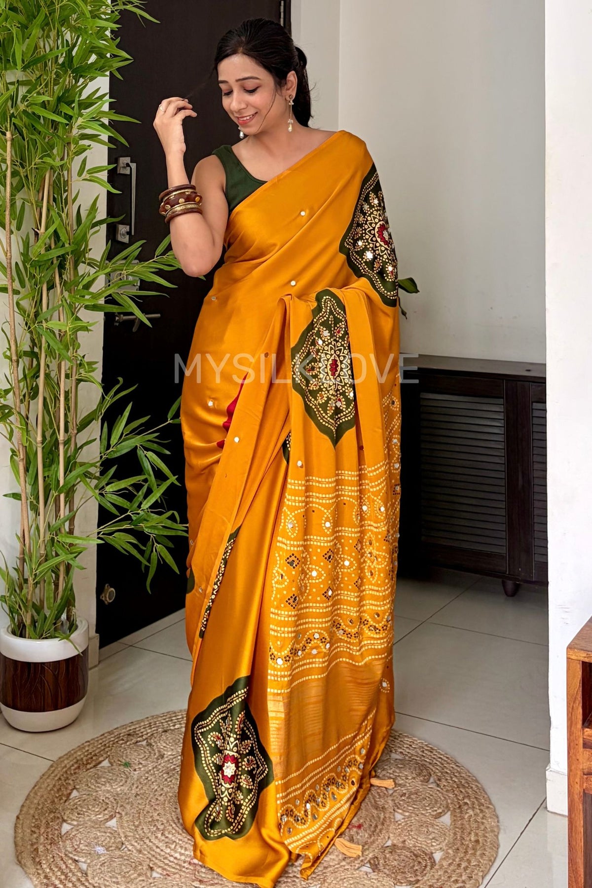 Buy MySilkLove Canary Yellow Satin Printed Bandhani Mirror Work Saree Online