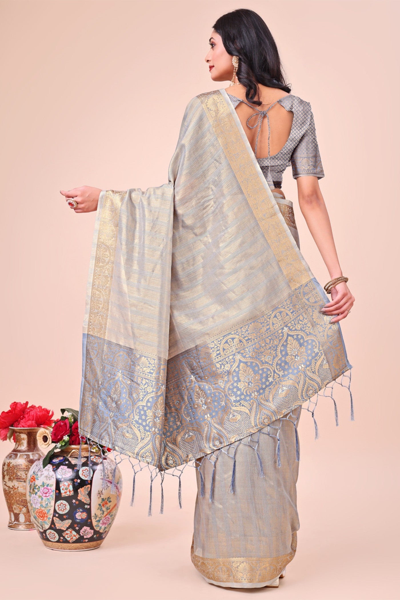 Buy MySilkLove Nickel Grey Woven Organza Saree Online