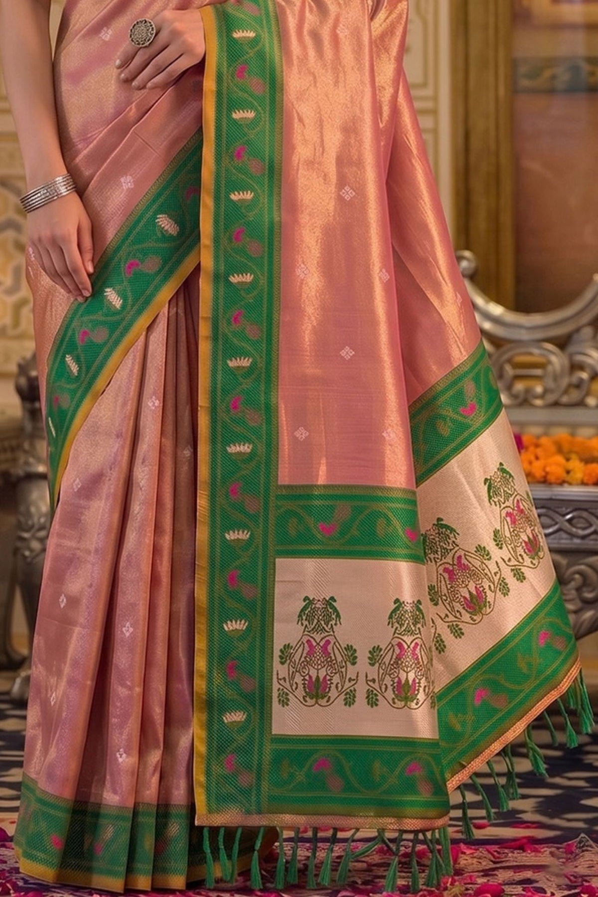 Buy MySilkLove Ocean Mist Pink Woven Tissue Silk Saree Online