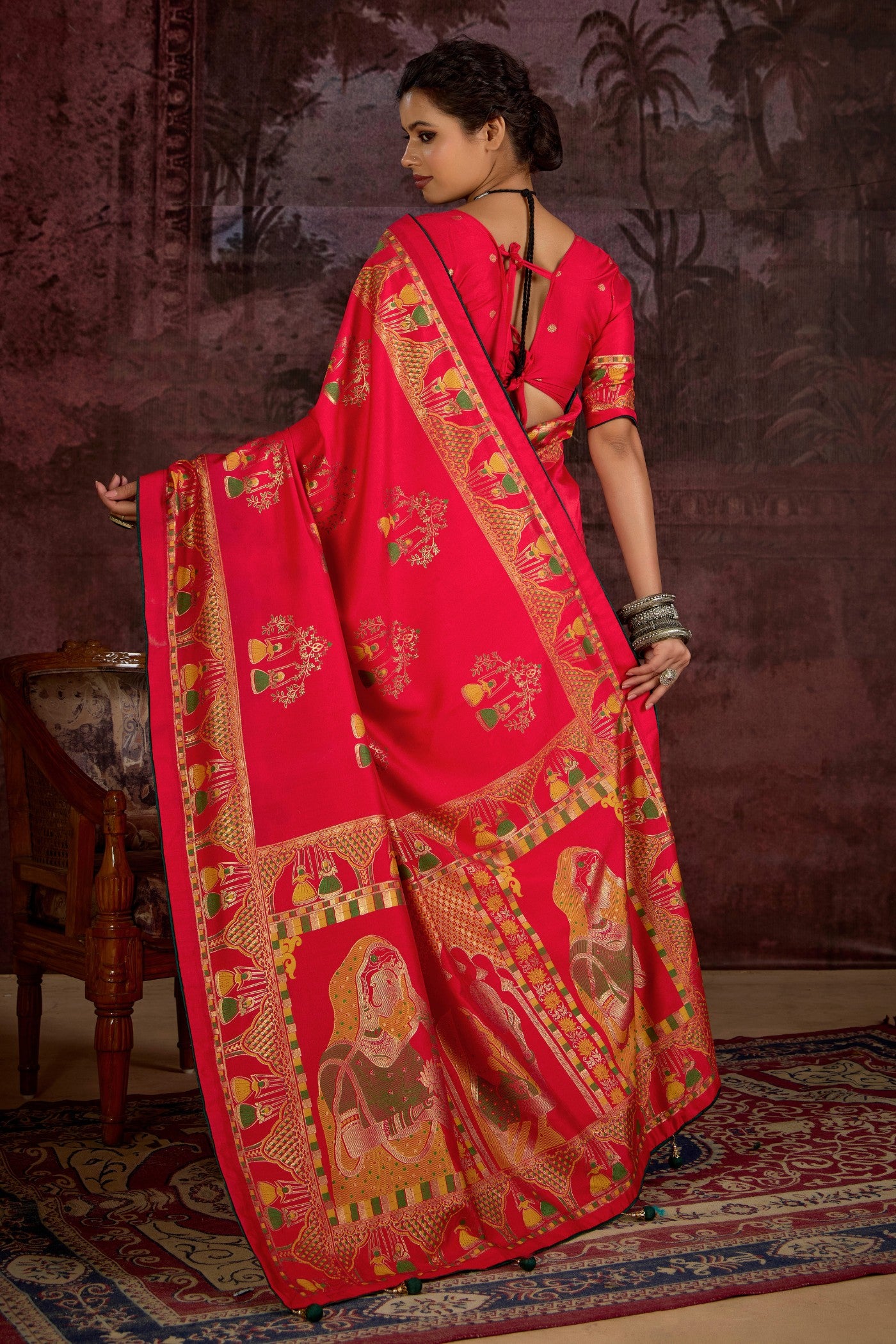 Buy MySilkLove Capsicum Red Tussar Rajwadi Printed Silk Saree Online