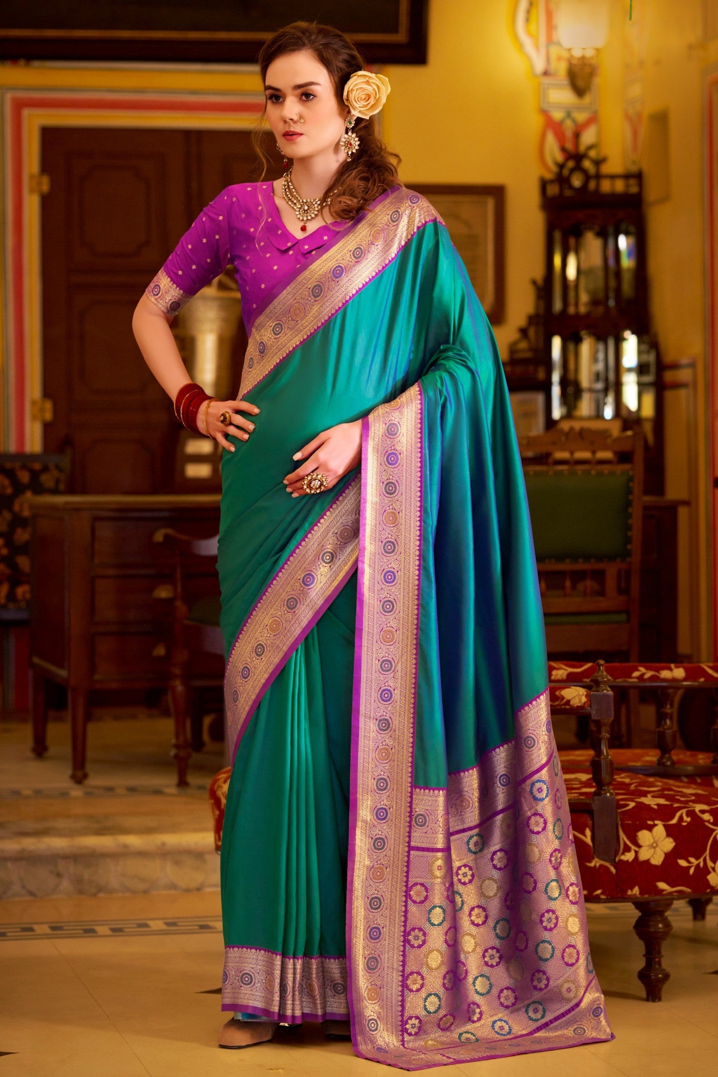 Buy MySilkLove Castleton Green Woven Banarasi Soft Silk Saree Online