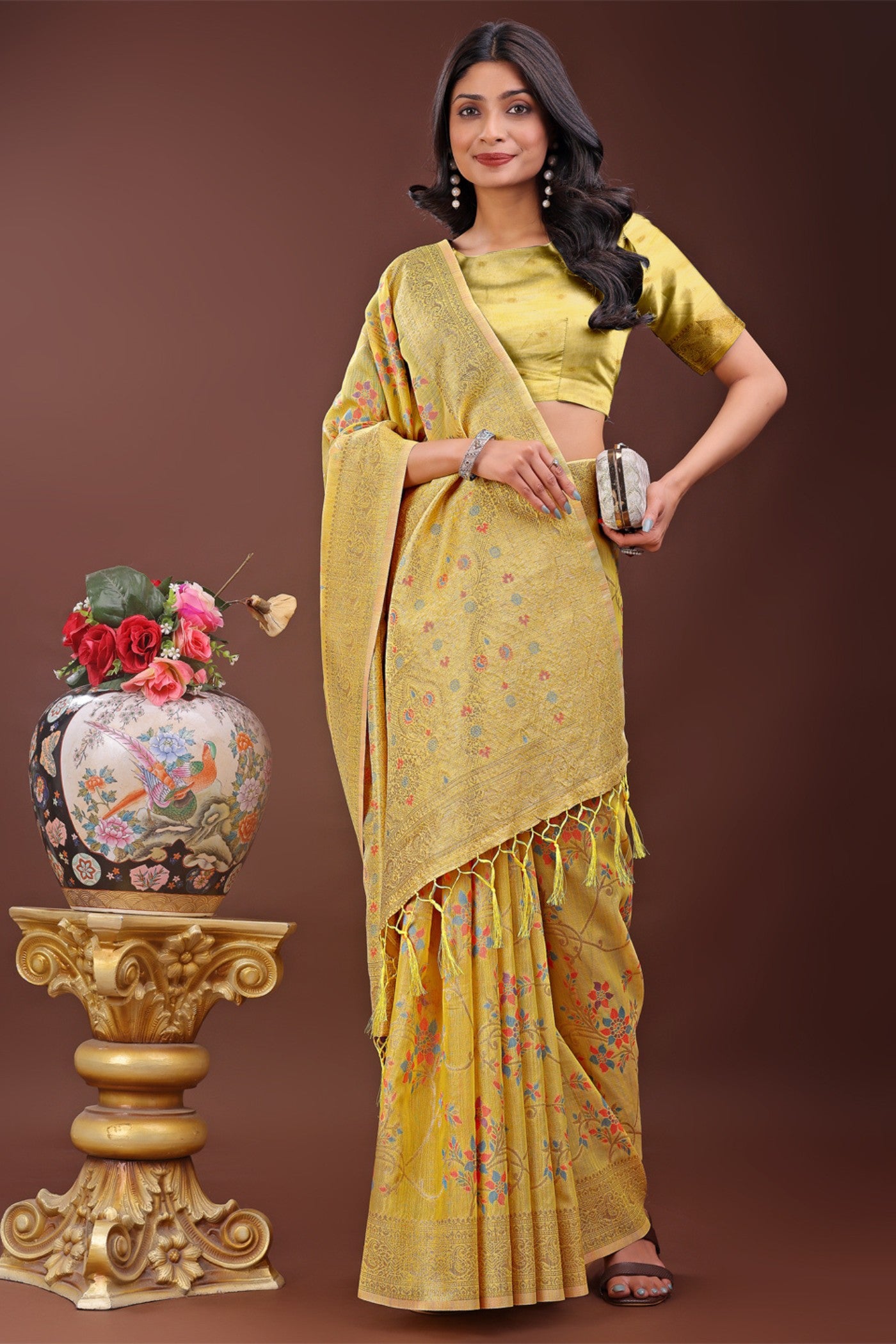 Buy MySilkLove Fuel Yellow Linen Cotton Saree Online