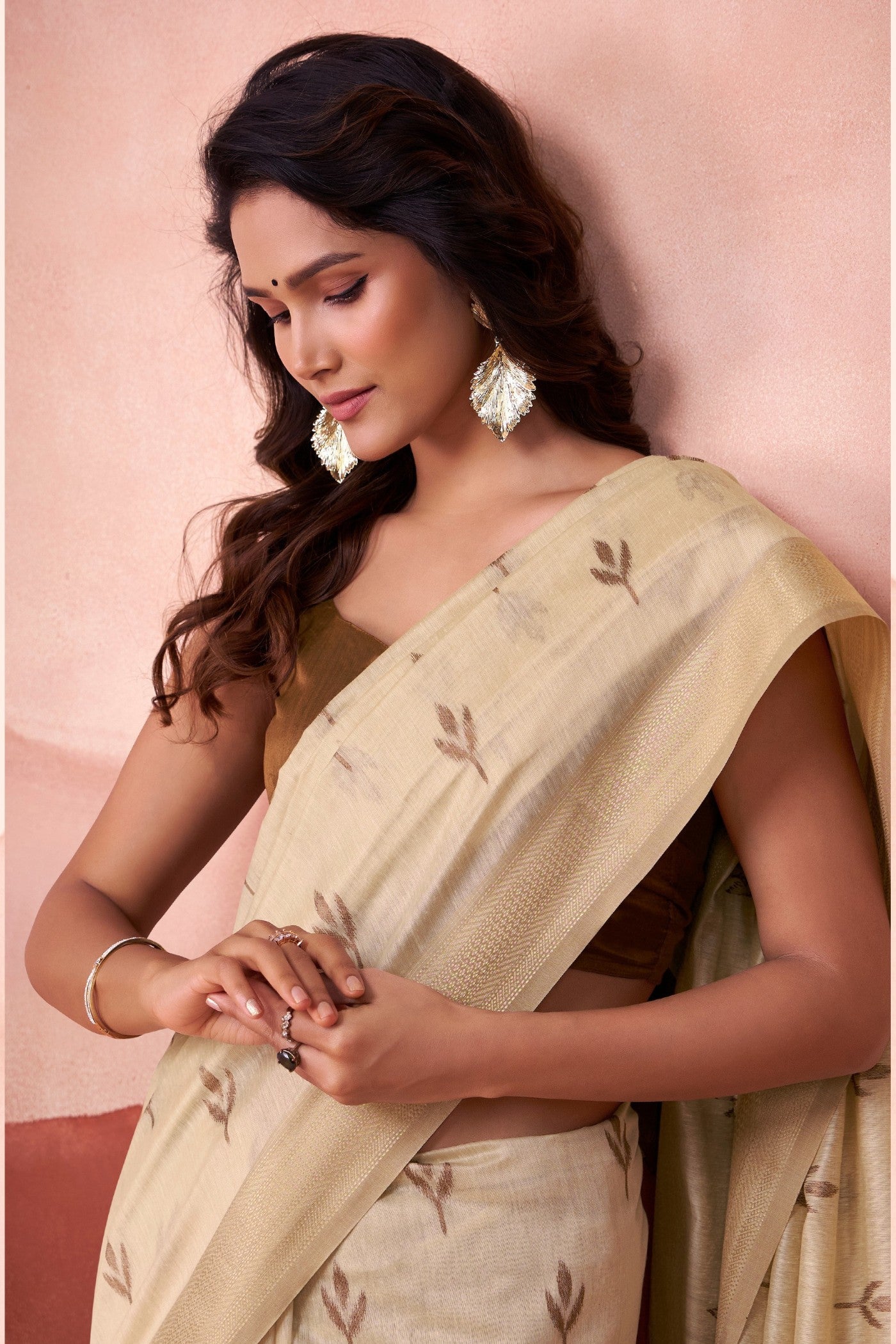 Buy MySilkLove Camel Brown Woven Modal Cotton Saree Online