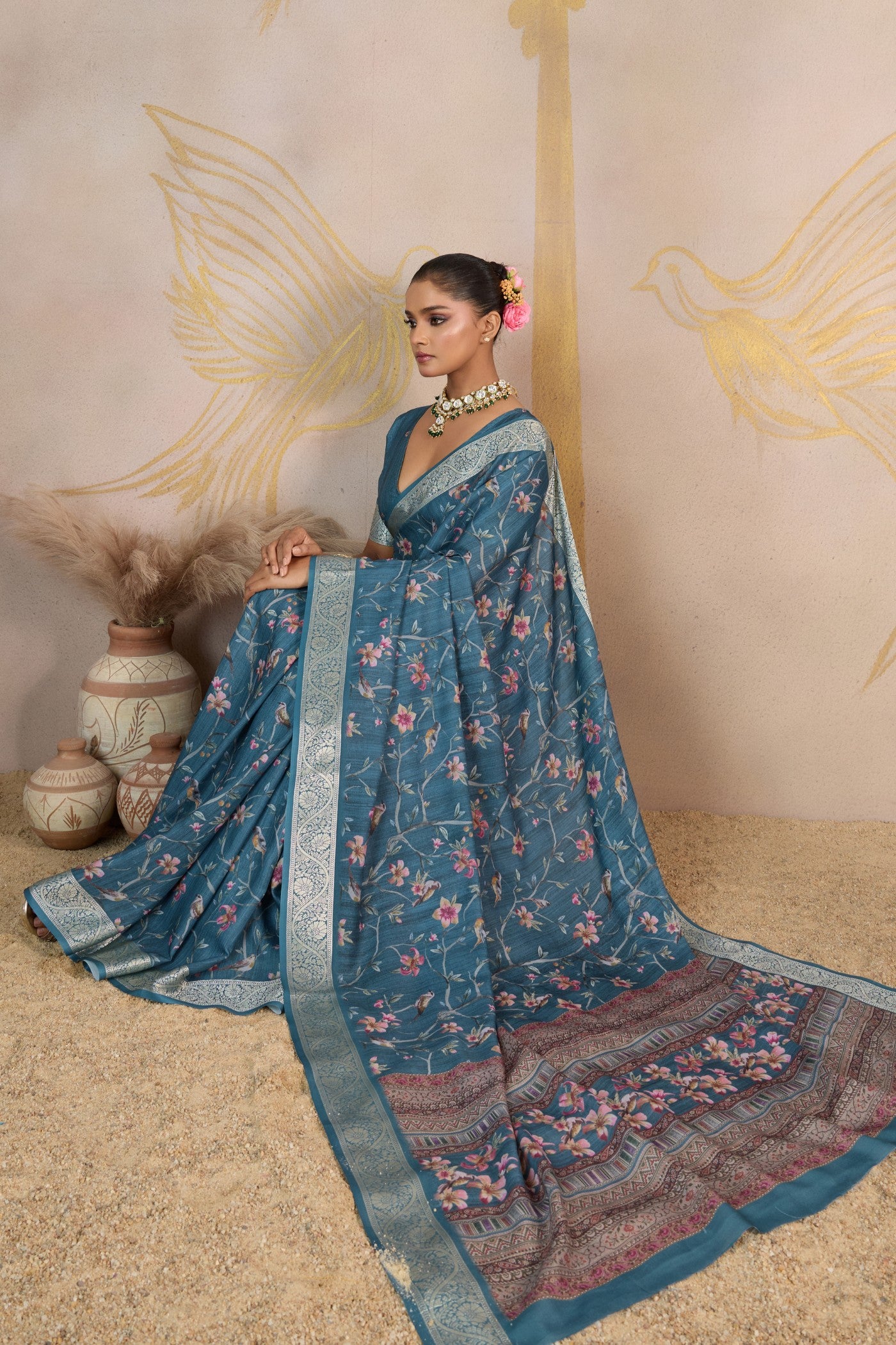 Buy MySilkLove Stormy Blue Viscose Digital Printed Saree Online