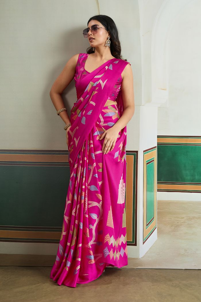Buy MySilkLove Hibiscus Pink Modal Ajrakh Printed Satin Silk Saree Online