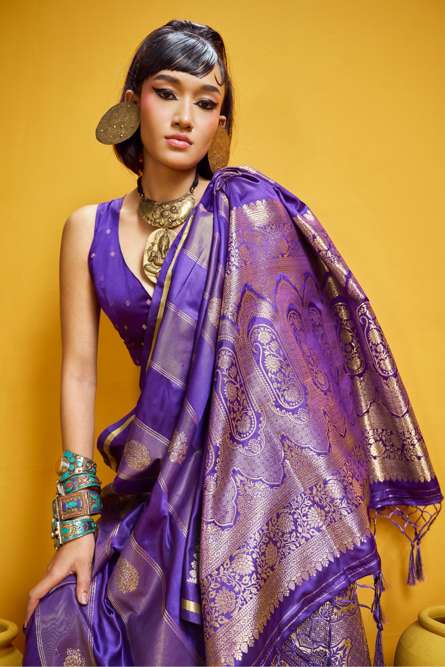MySilkLove Deep Purple Banarasi Handloom Satin Silk Saree