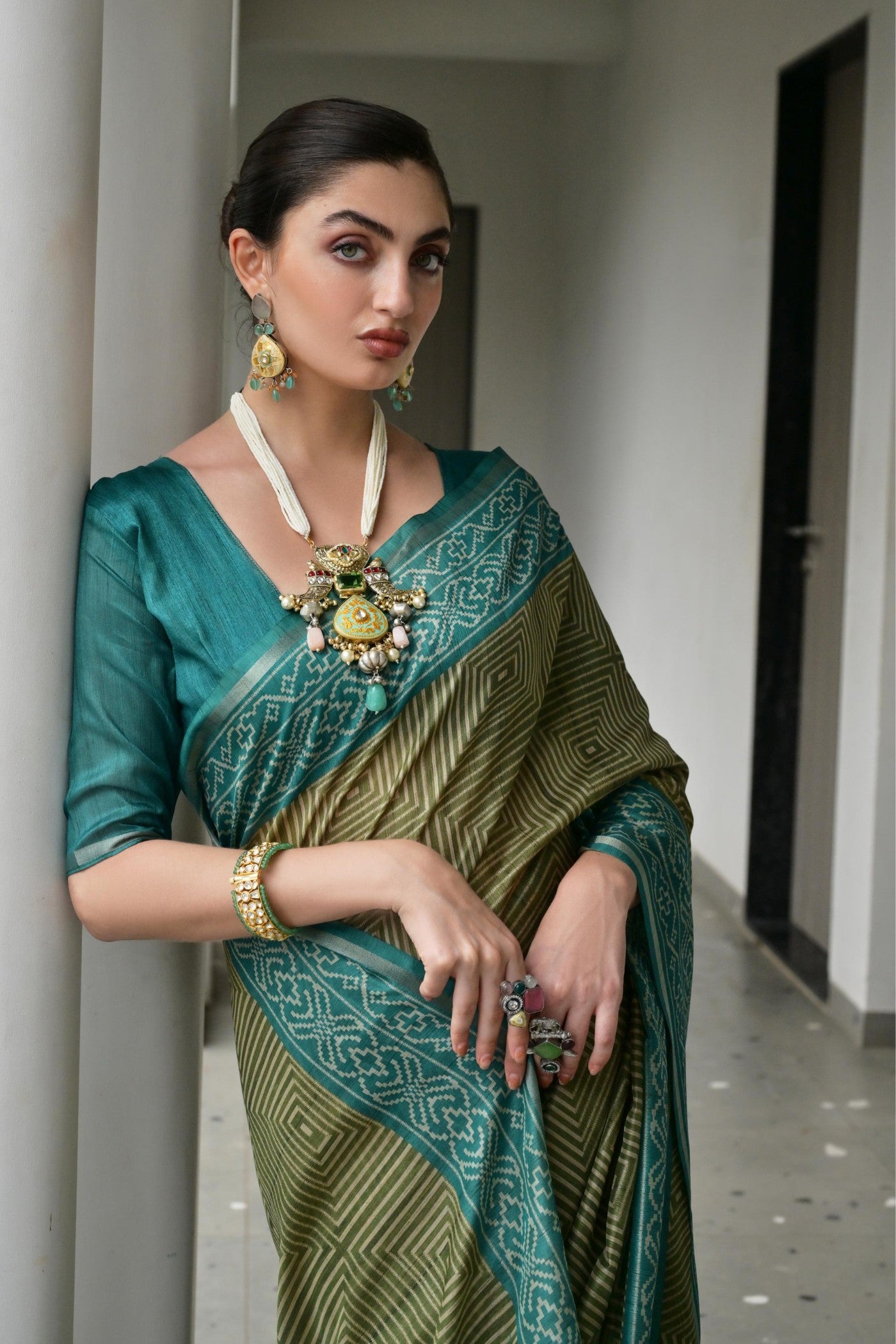 Buy MySilkLove Verdun Green and Blue Printed Tussar Silk Saree Online