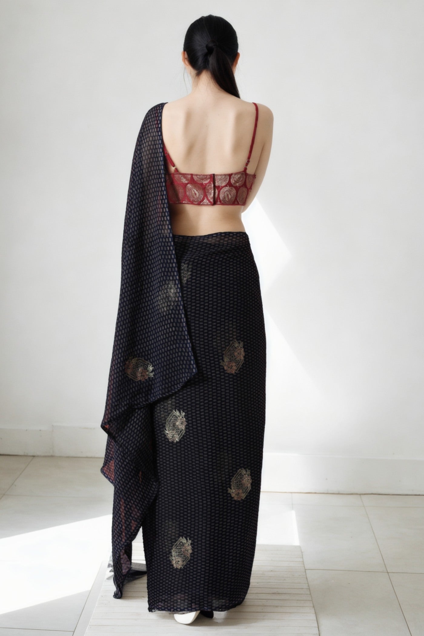 Buy MySilkLove Tuna Black Marbel Chiffon Ready To Wear Saree Online