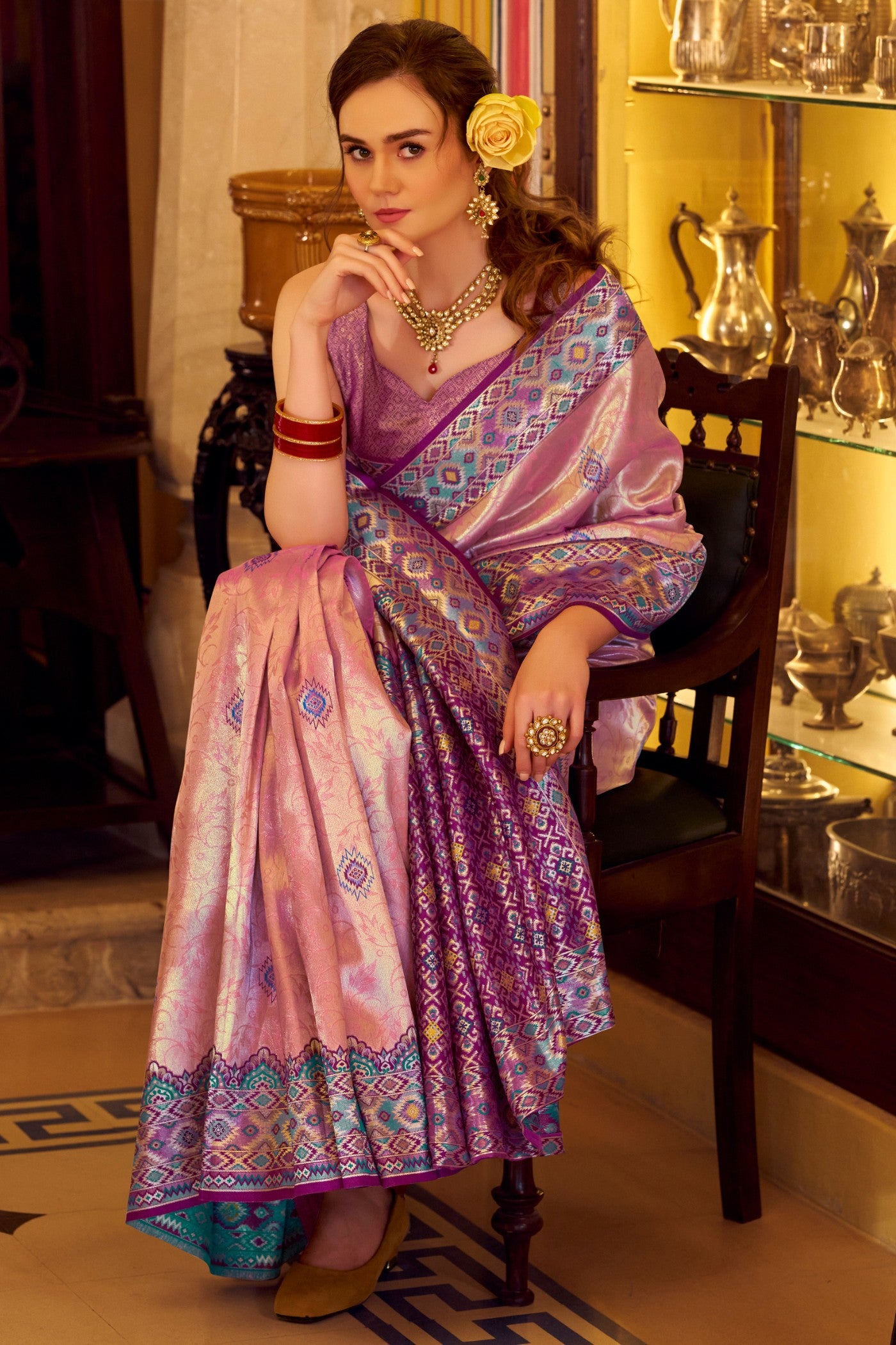 Buy MySilkLove Dawn Pink Woven Tissue Patola Silk Saree Online