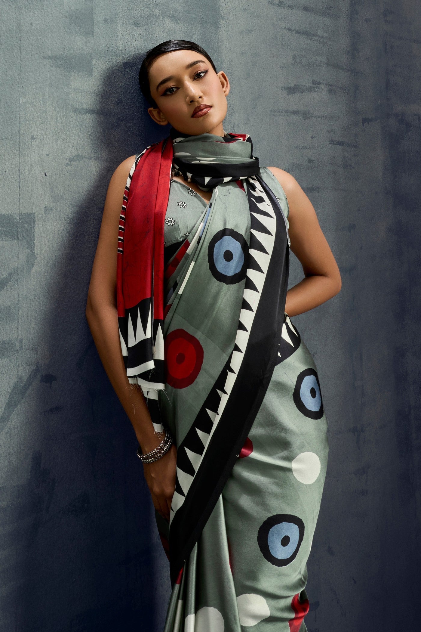 MySilkLove Avocado Green Ajrakh Printed Satin Crepe Silk Saree