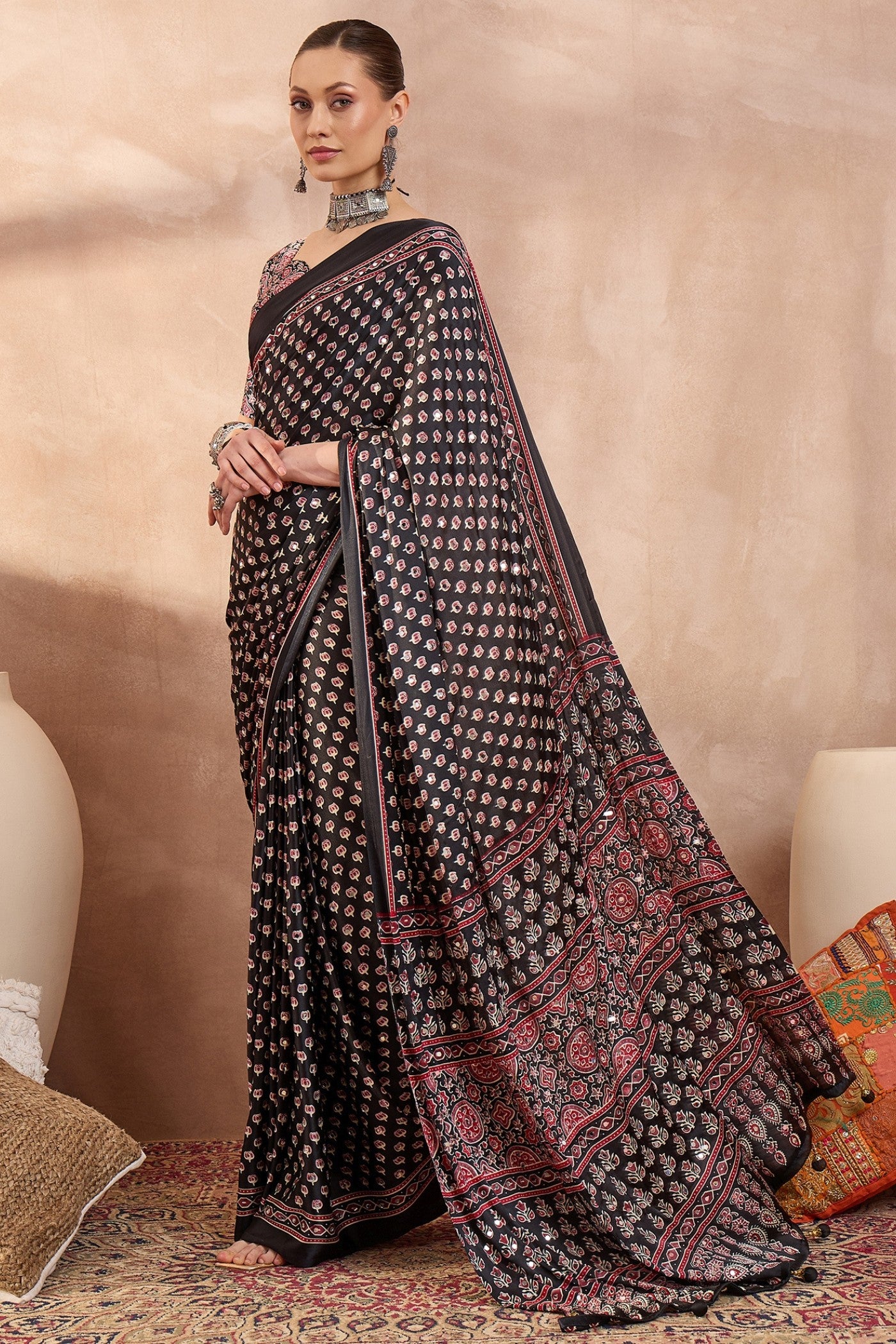Buy MySilkLove Abbey Black Modal Ajrakh Satin Printed Silk Saree Online
