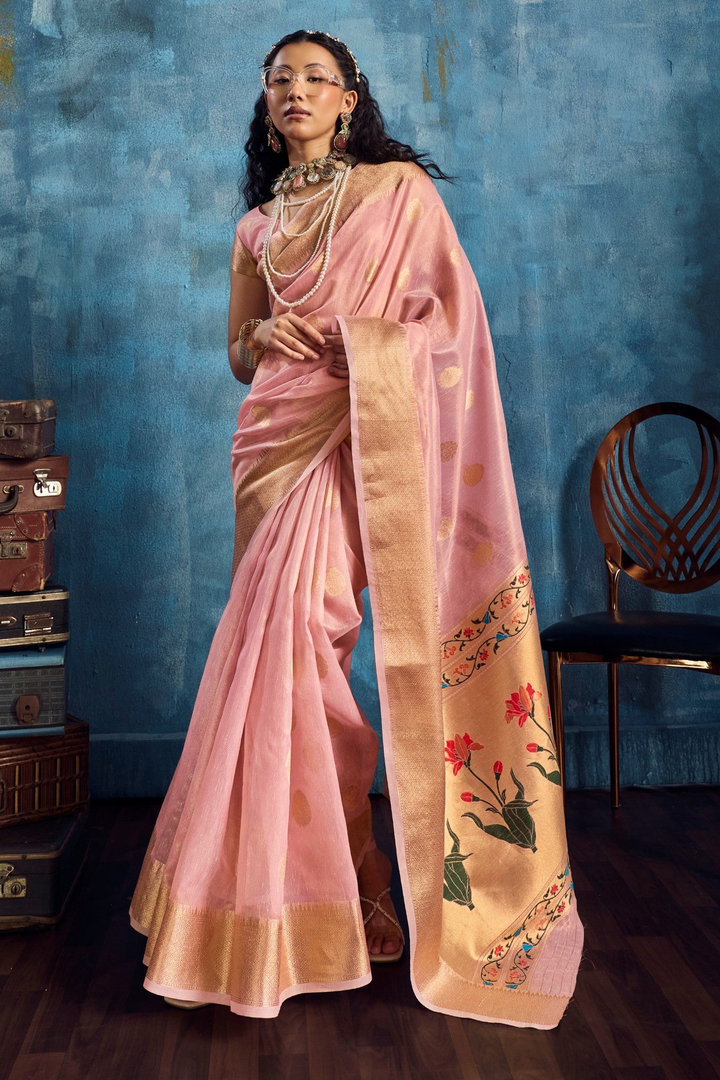 Buy MySilkLove Cameo Pink Zari Woven Tissue Paithani Saree Online