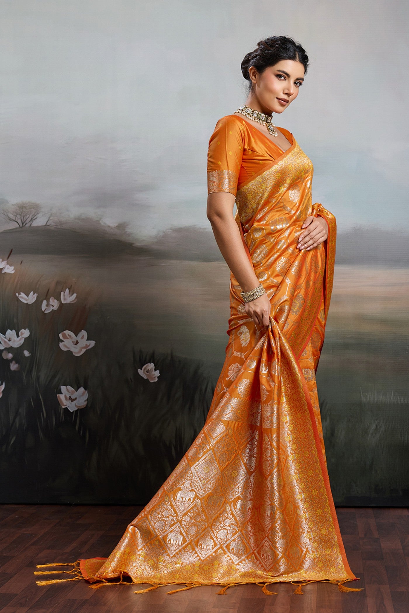 Buy MySilkLove Gold Yellow Woven Banarasi Soft Silk Saree Online