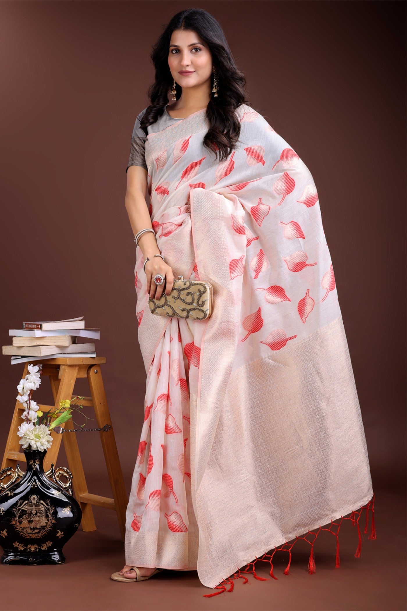 Buy MySilkLove Daisy White and Red Woven Cotton Saree Online