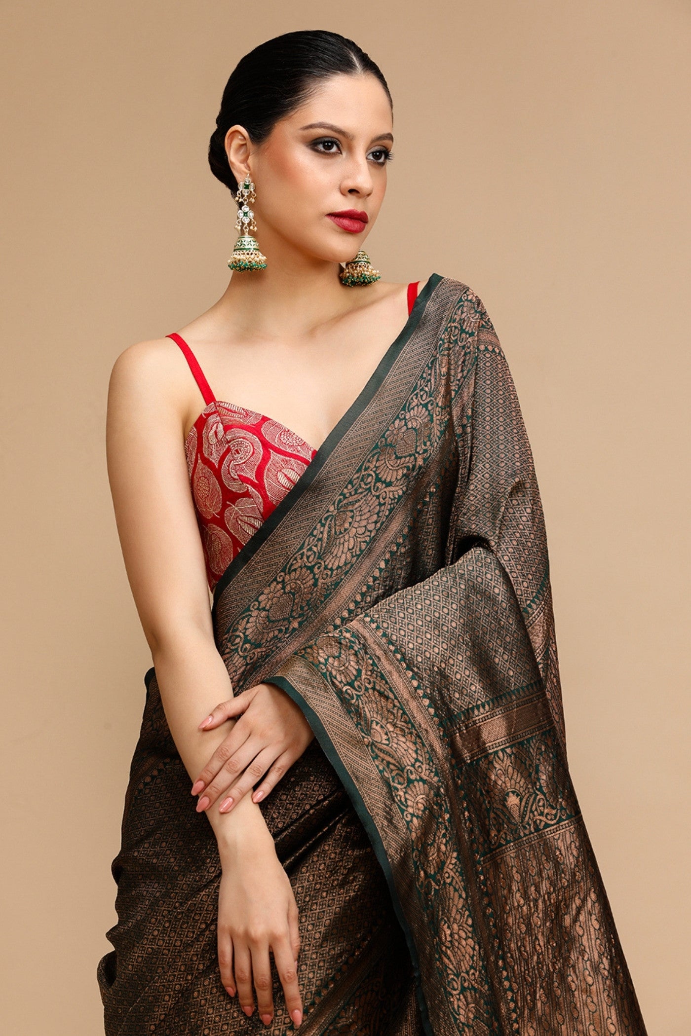 Buy MySilkLove Pecan Brown Woven Jacquard Lichi Silk Saree Online