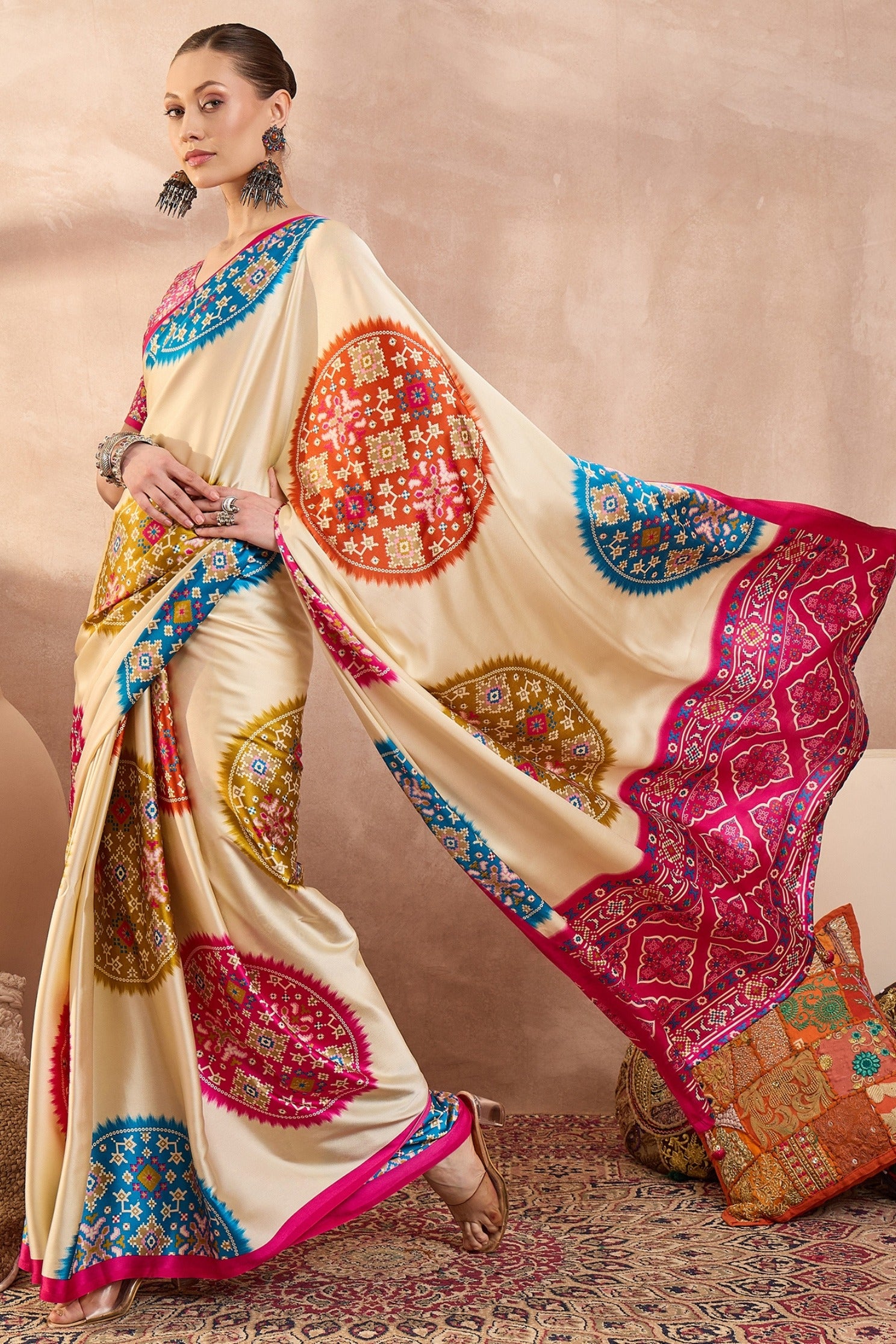 Buy MySilkLove Dutch Cream and Pink Modal Ajrakh Printed Silk Saree Online