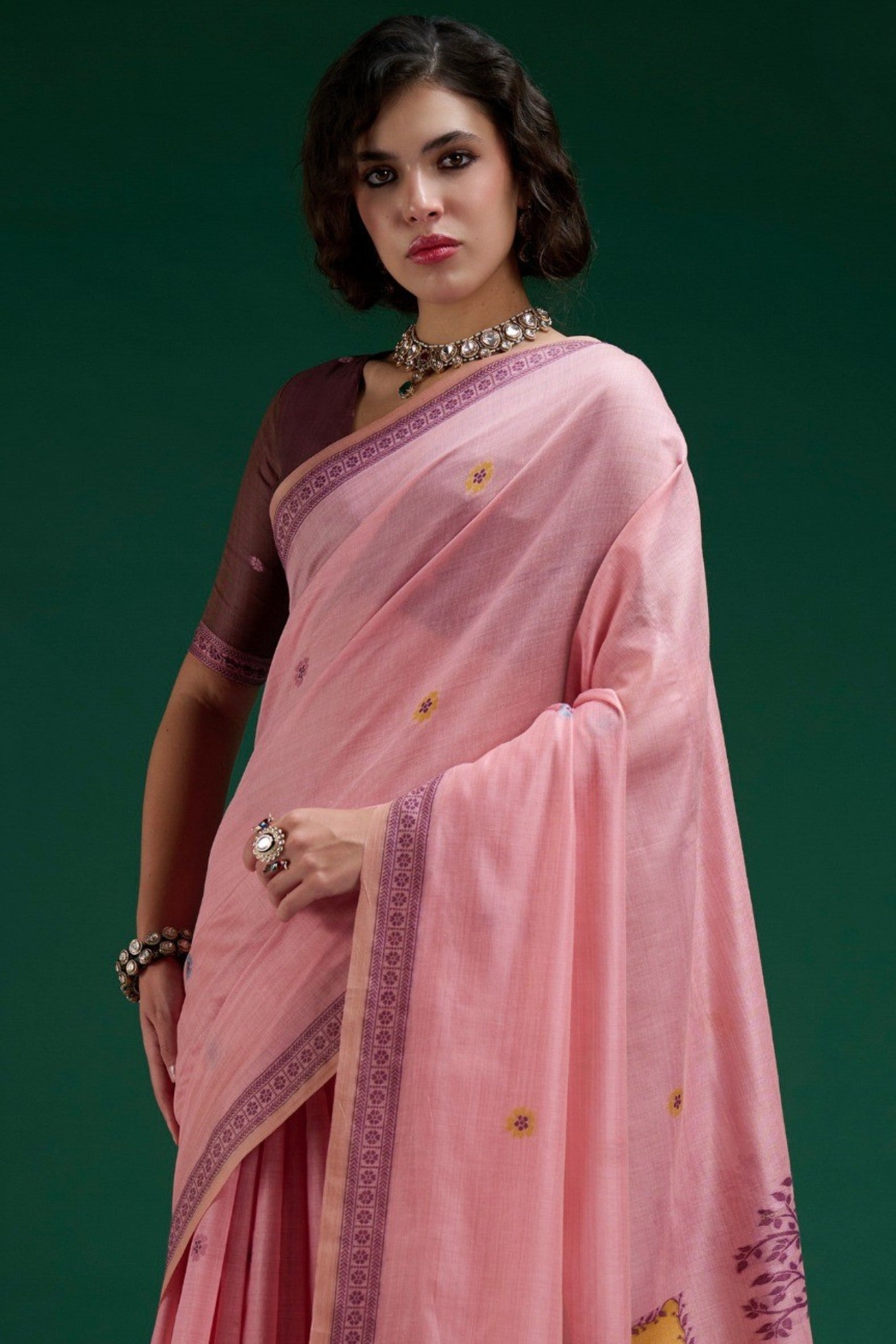 Buy MySilkLove Fervent Pink Jamdani Woven Muga Cotton Saree Online