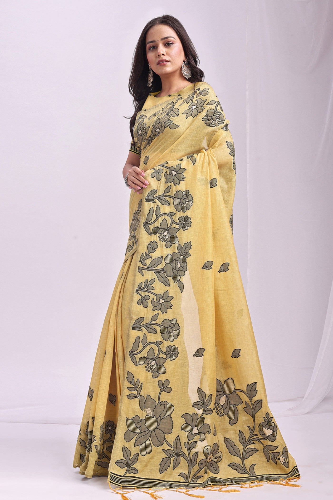 Buy MySilkLove Lemon Yellow Woven Linen Cotton Saree Online