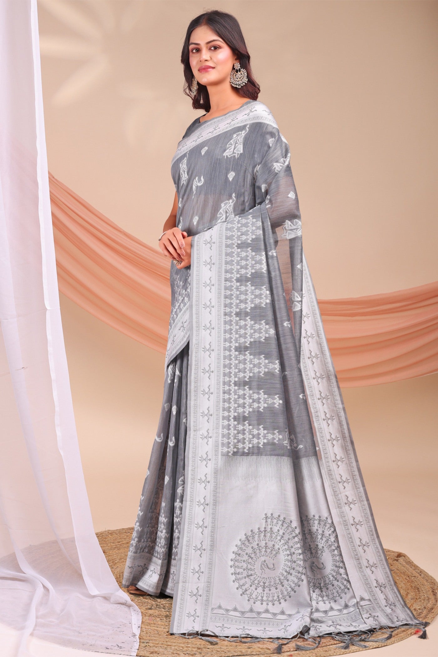 Buy MySilkLove Coral Grey Woven Linen Cotton Saree Online