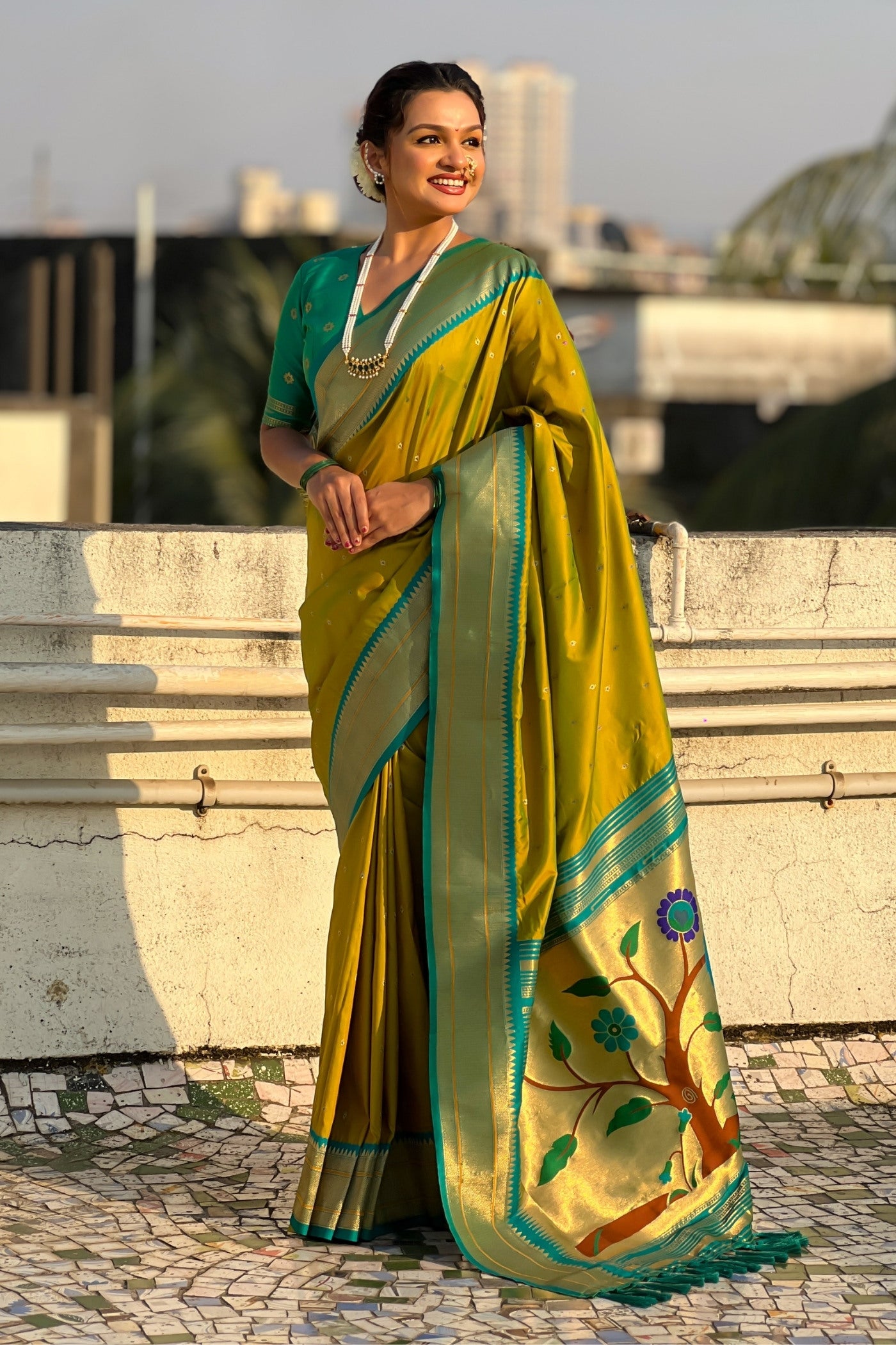 Buy MySilkLove Lime Green Zari Woven Paithani Saree Online