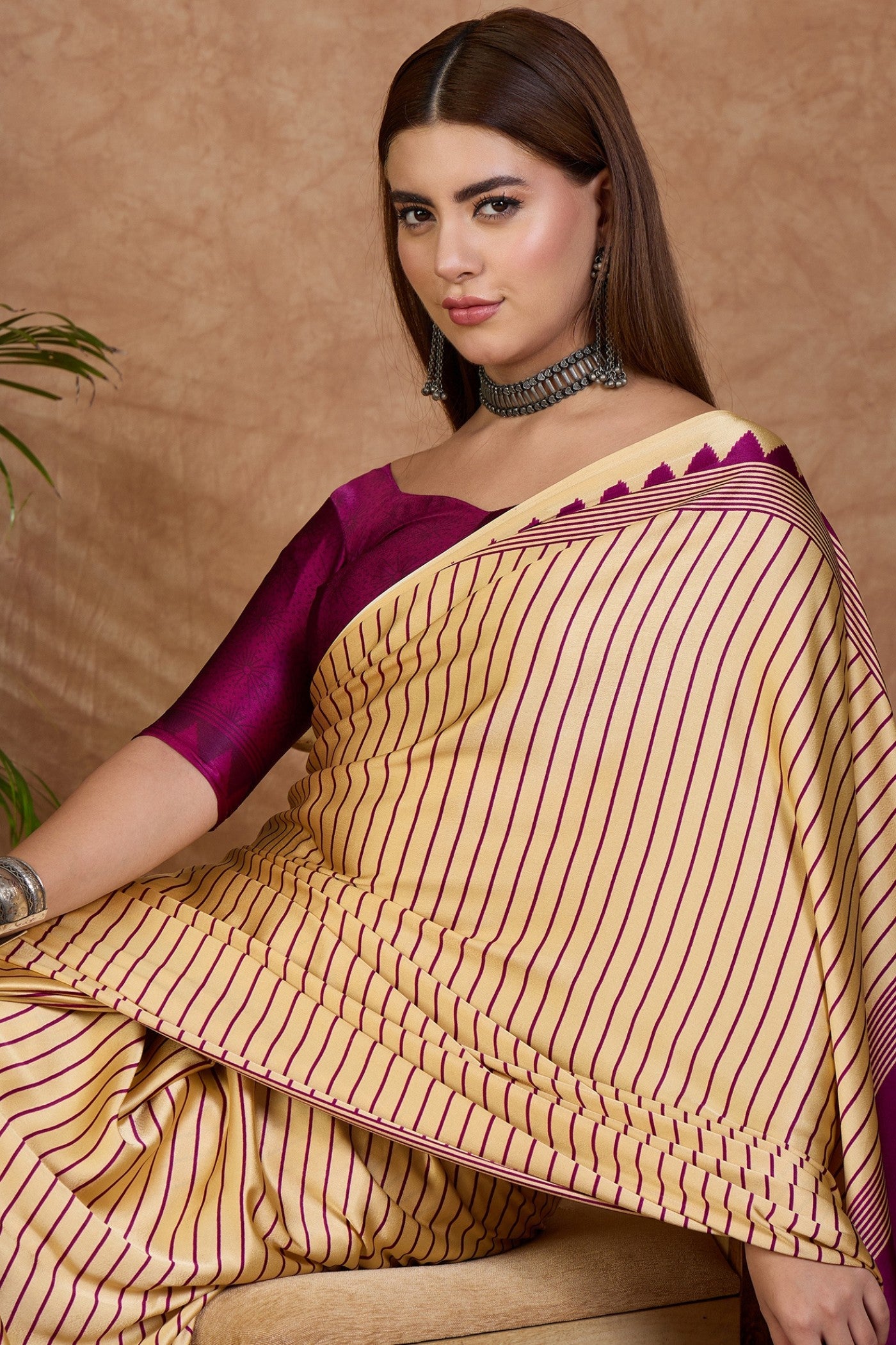 Buy MySilkLove Fawn Cream and Purple Stripe Ajrakh Printed Satin Crepe Silk Saree Online