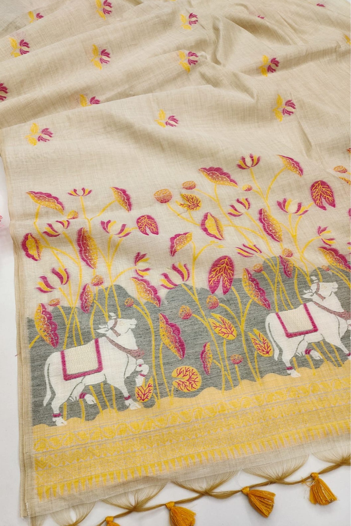 Buy MySilkLove Romance White and Pink Muga Cotton Saree Online