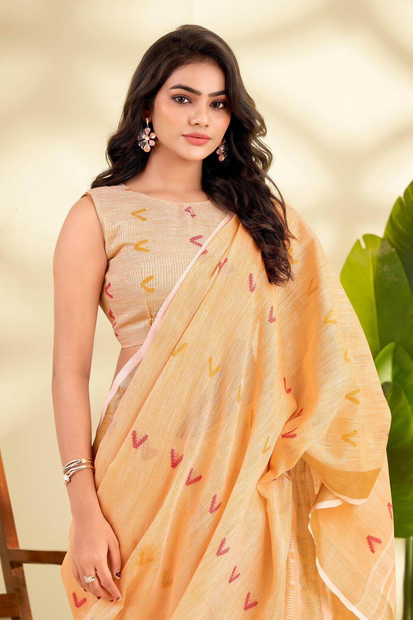 Buy MySilkLove Bisque Orange Woven Linen Saree Online