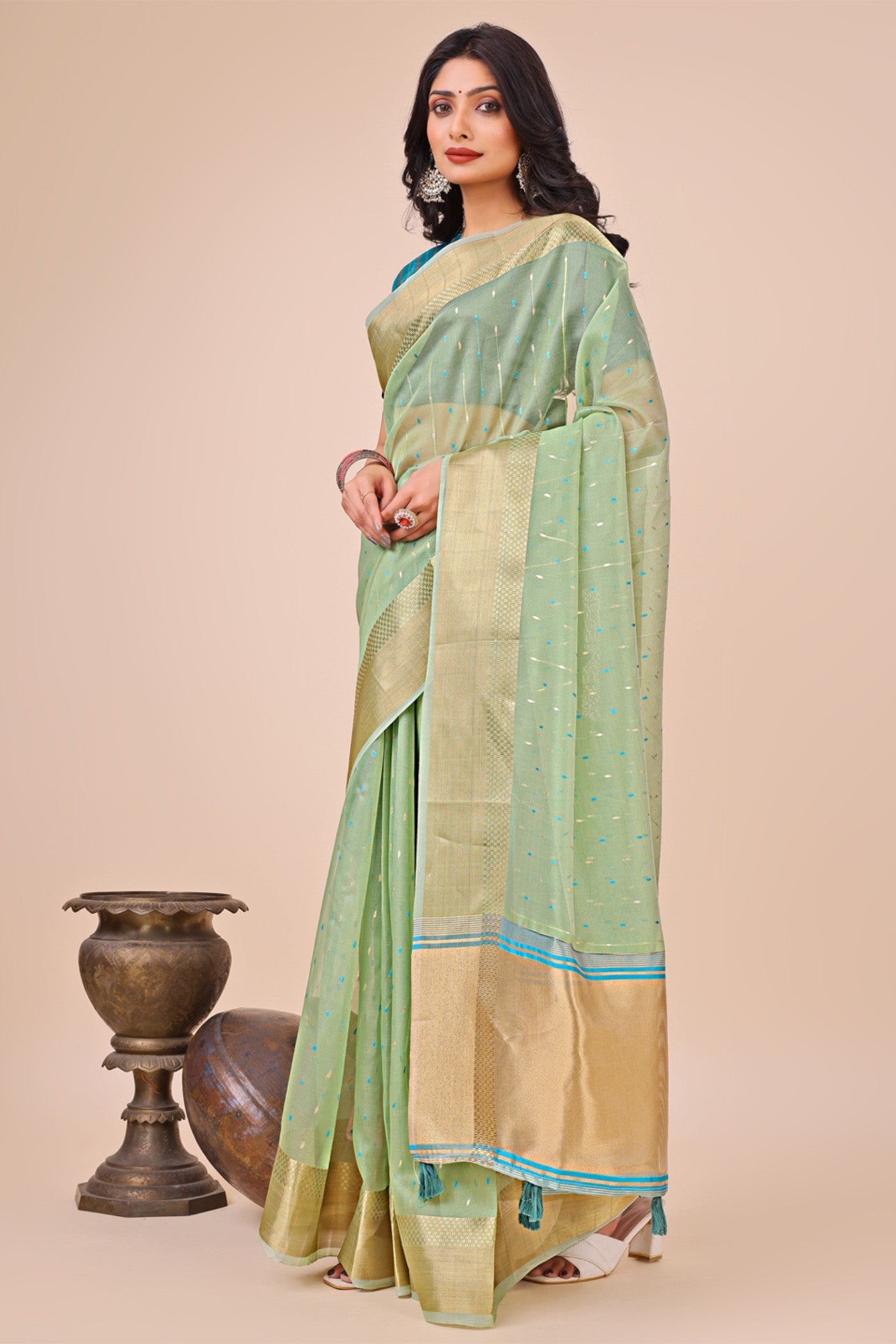 Buy MySilkLove Gin Green Woven Organza Saree Online