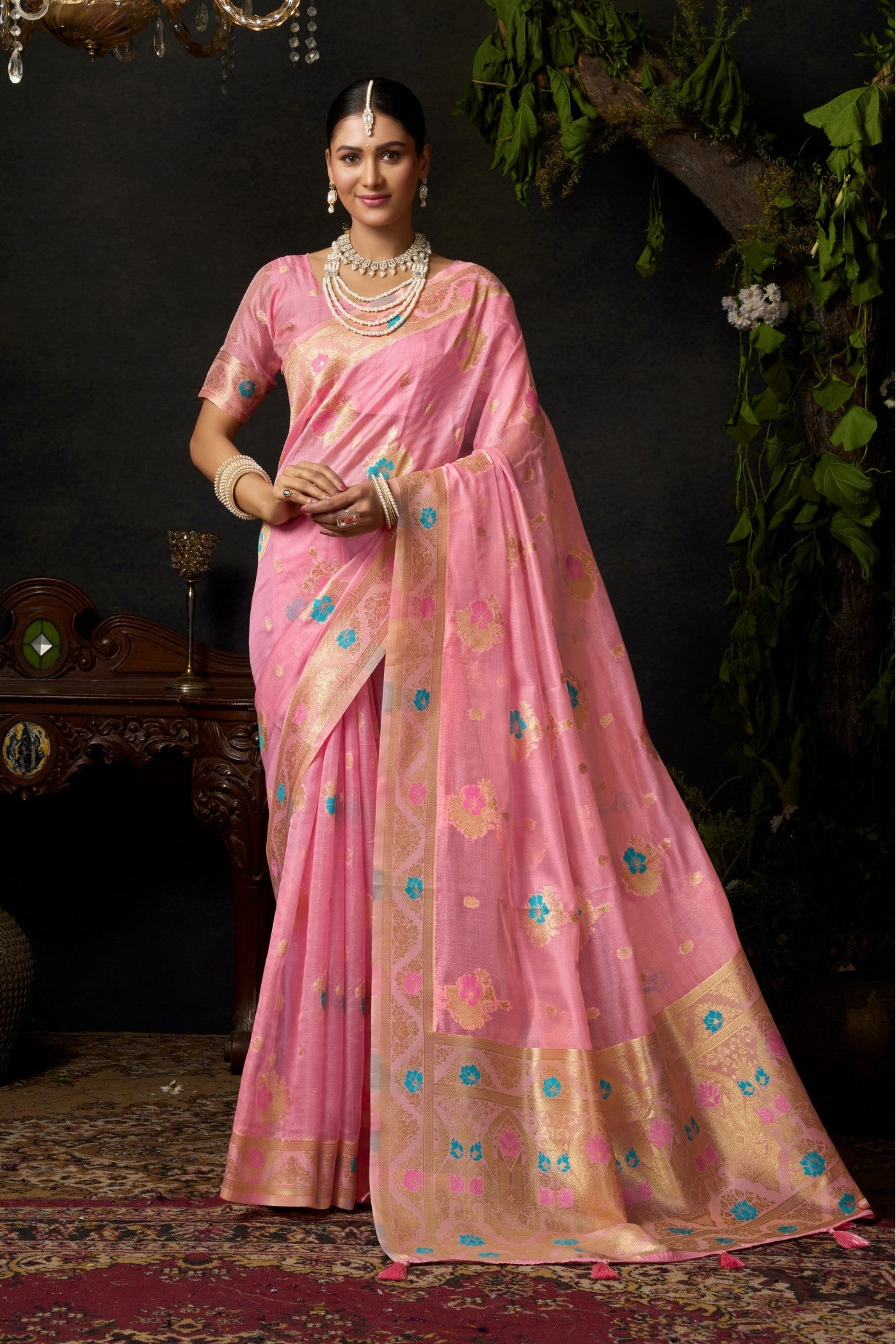 Buy MySilkLove Blossom Pink Woven Banarasi Organza Saree Online