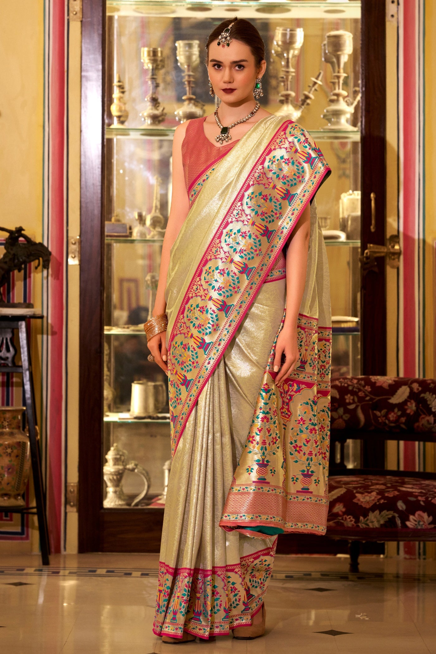 Buy MySilkLove Vanilla Cream Woven Tissue Silk Saree Online