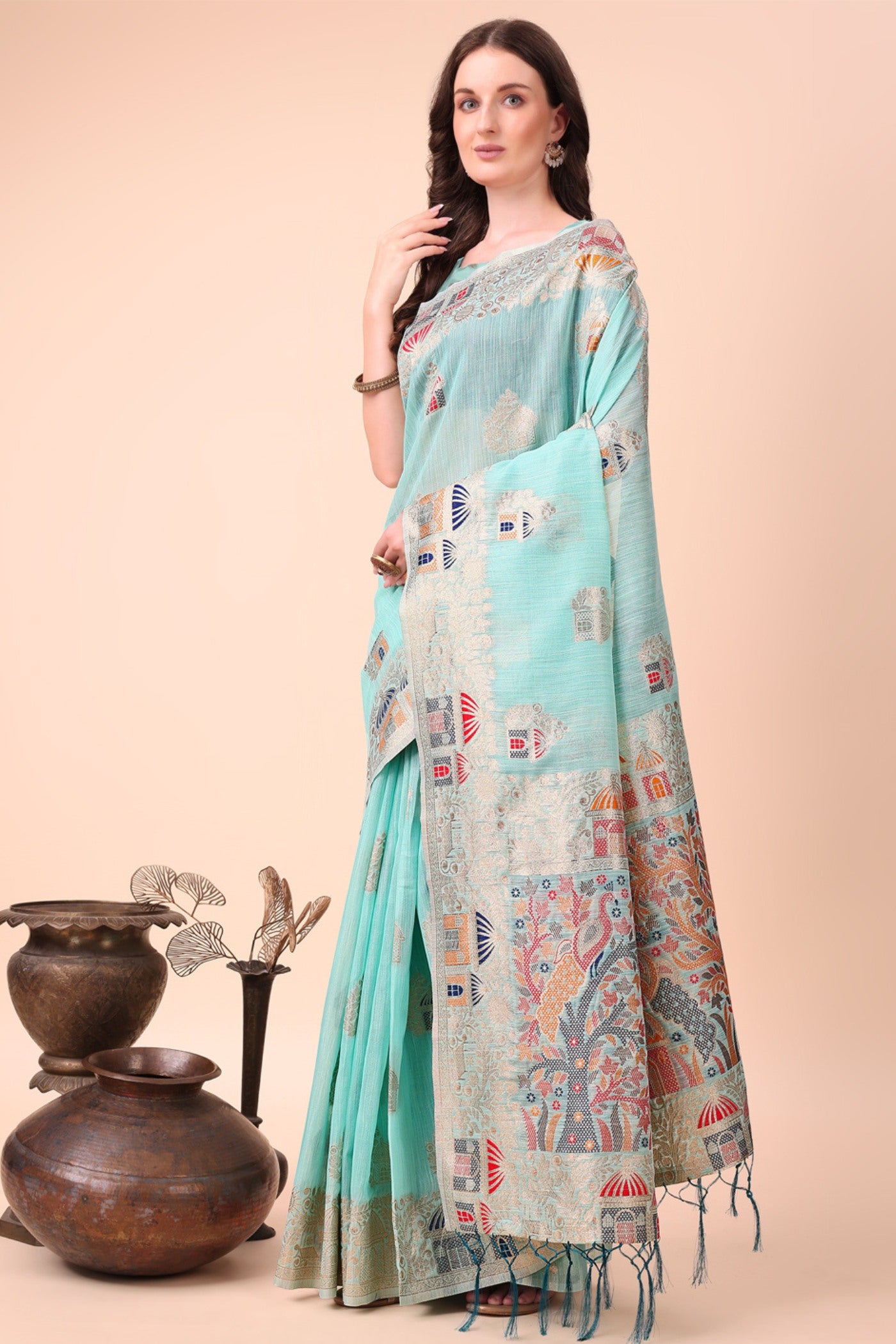 Buy MySilkLove Celeste Blue Linen Cotton Saree Online