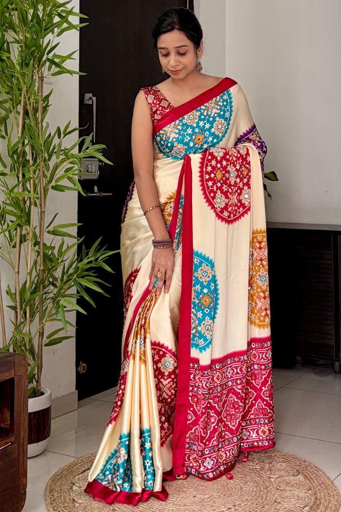 Buy MySilkLove Biscuit Cream and Red Modal Ajrakh Satin Printed Mirror Work Saree Online