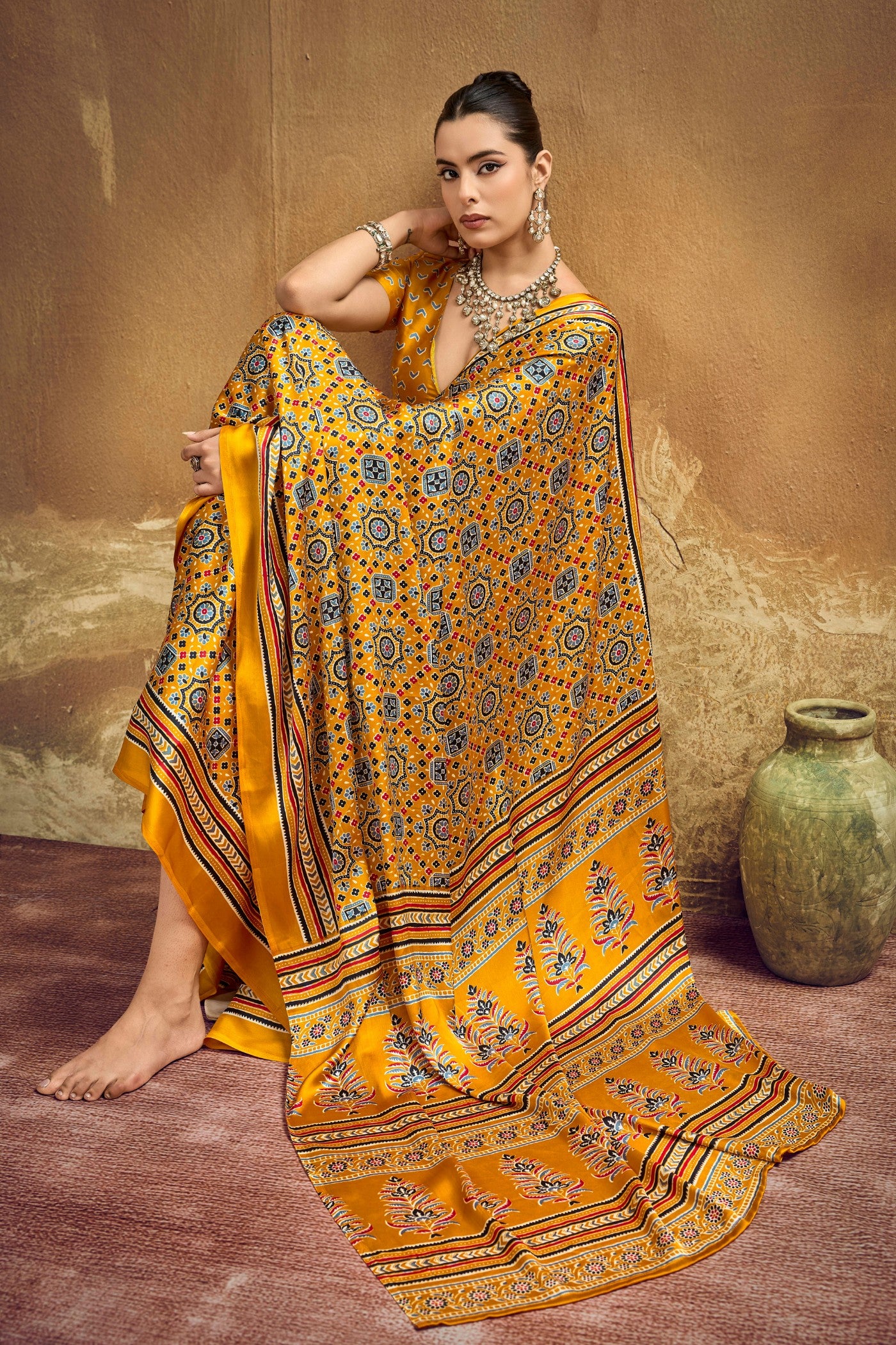 MySilkLove Jonquil Yellow Modal Ajrakh Satin Printed Silk Saree