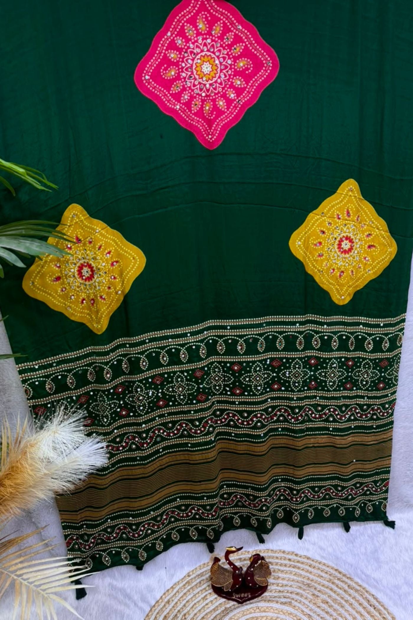 Buy MySilkLove Leaf Green Ajrakh Satin Printed Mirror Work Saree Online
