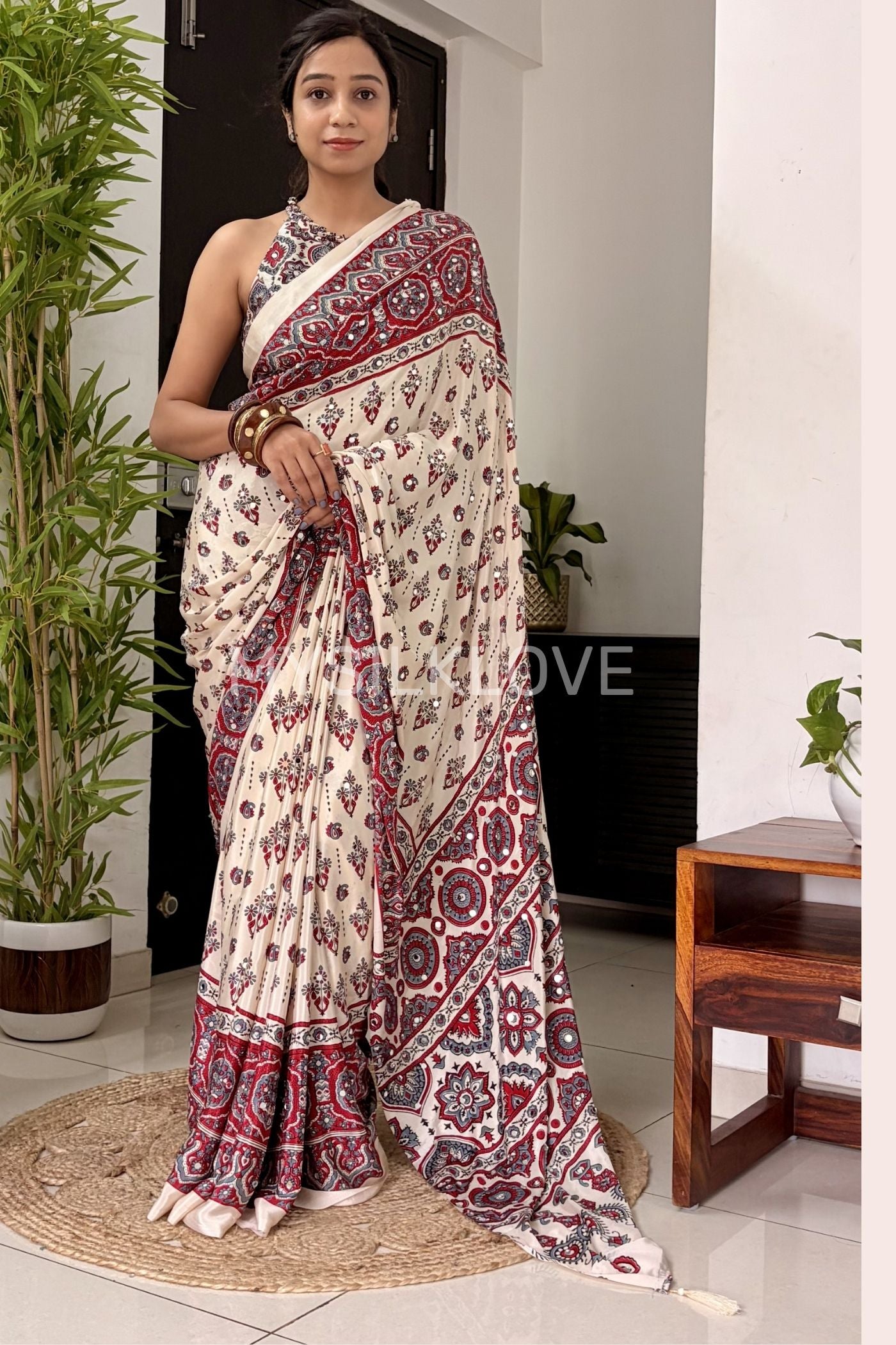 MySilkLove Neutral Beige Modal Ajrakh Satin Printed Mirror Work Saree